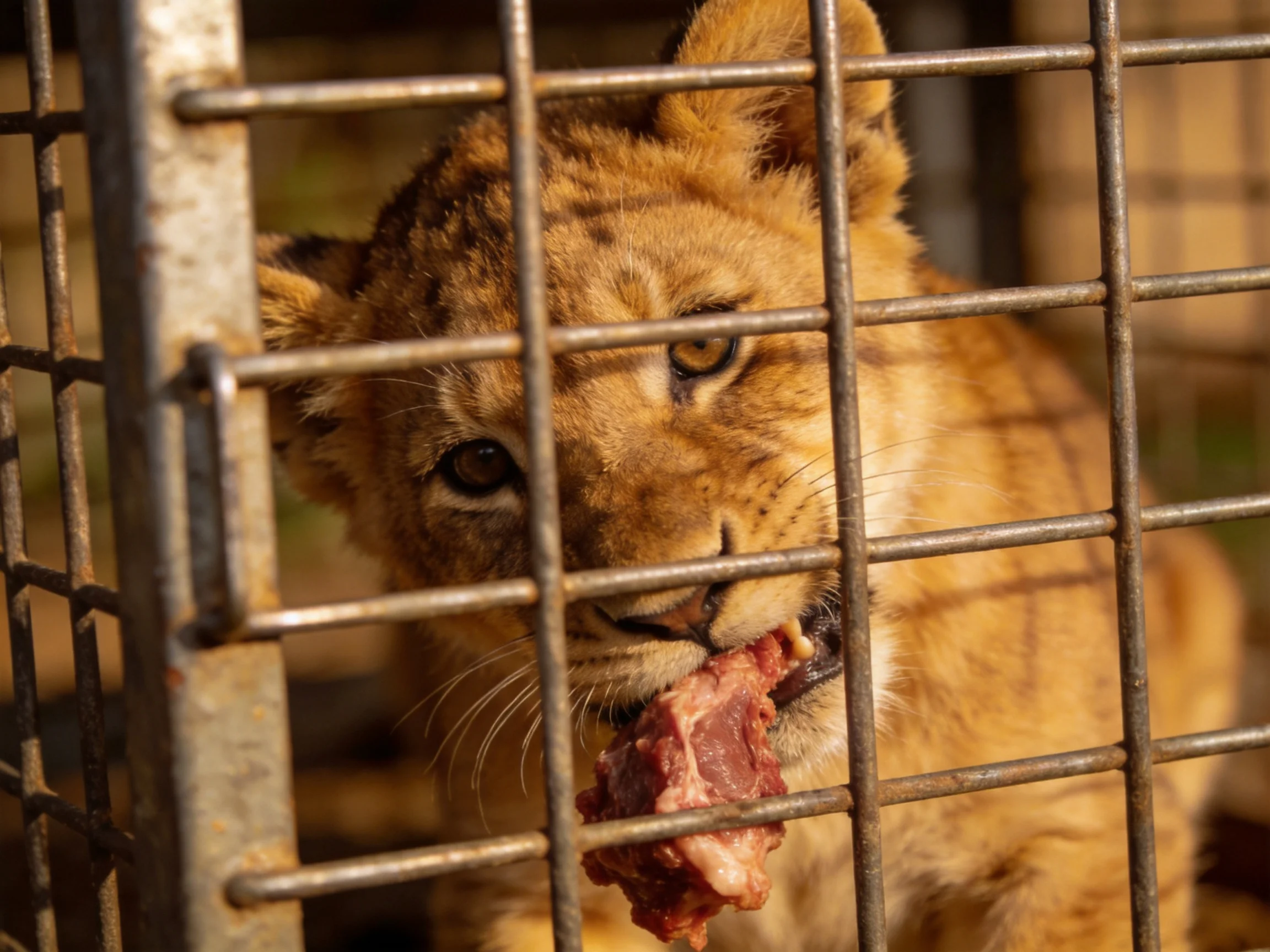 A young golden lion cub eating meat behind metal bars