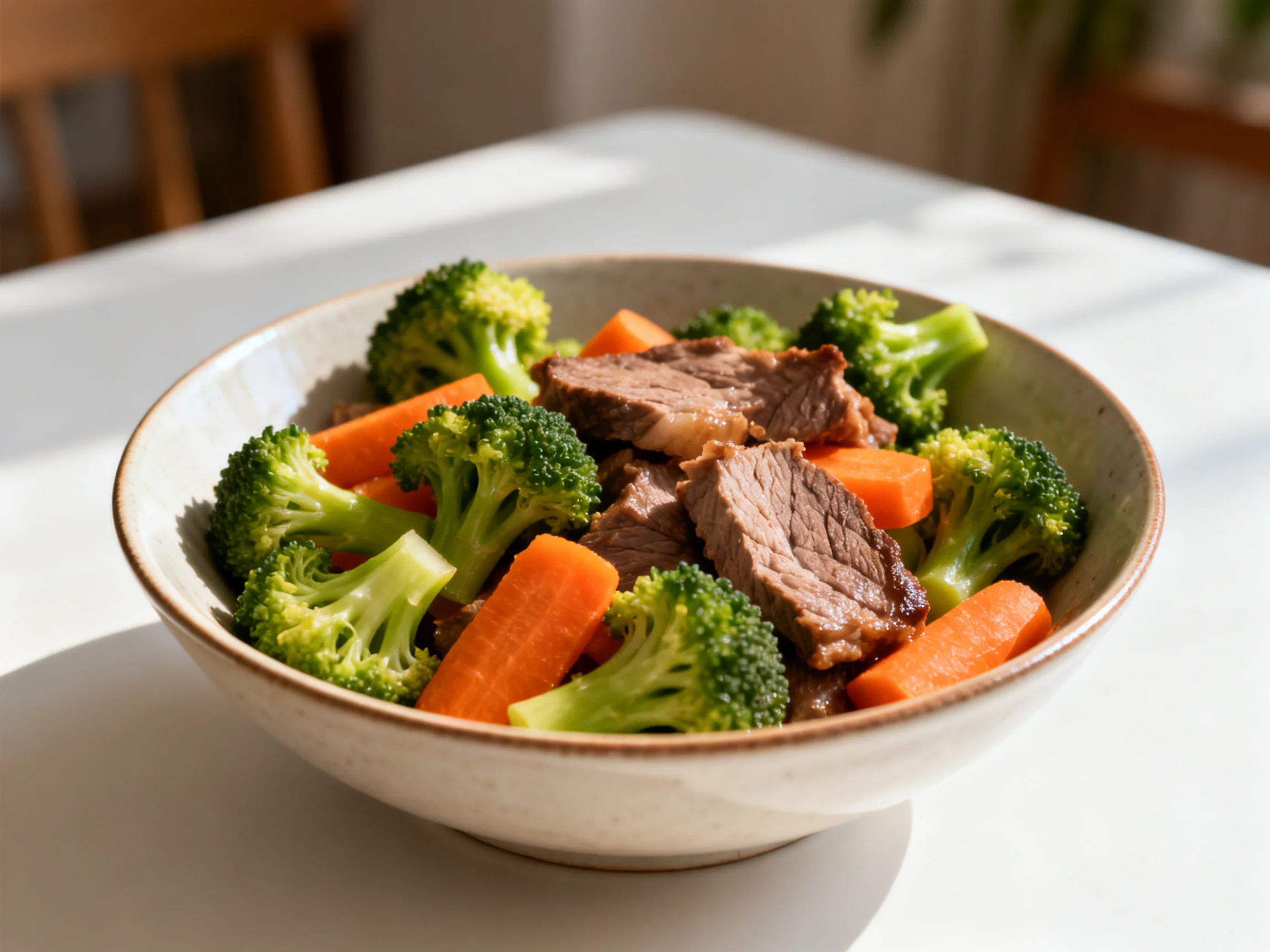 A bowl of tender beef, broccoli, and carrot slices sits on a white table.