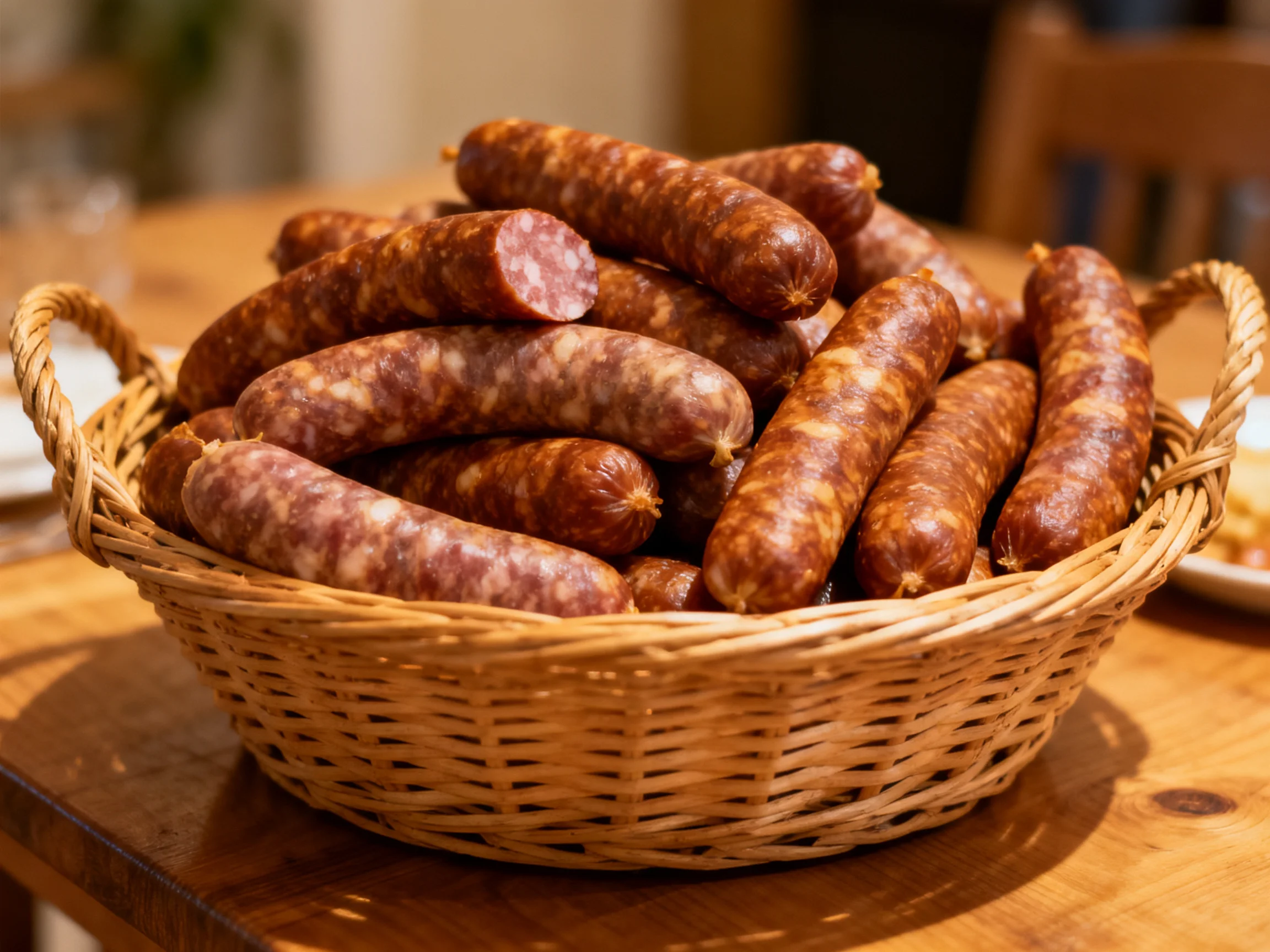 Abundant brown smoked sausages fill a wicker basket