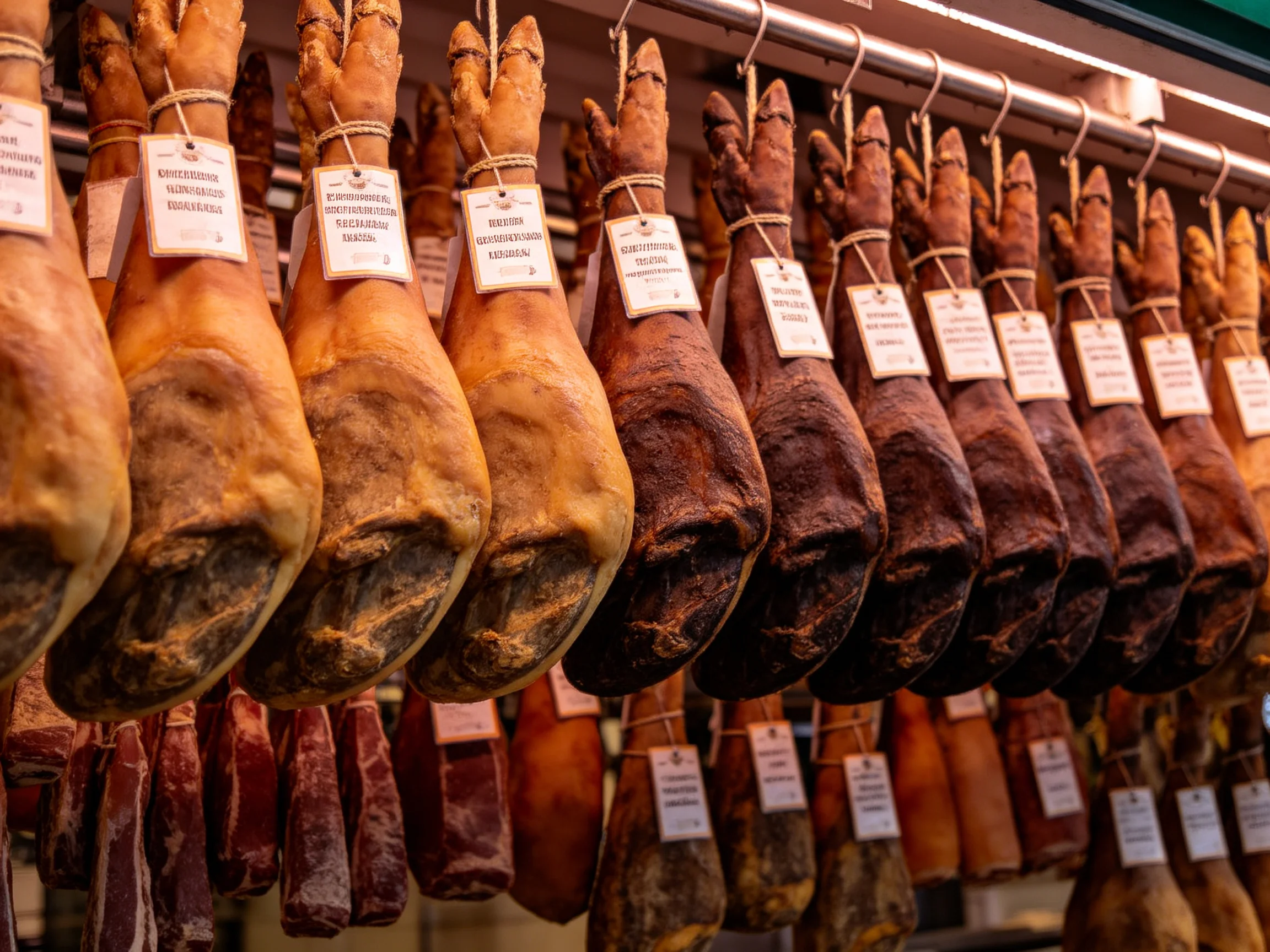Aged ham legs hang in rows with diverse brown hues