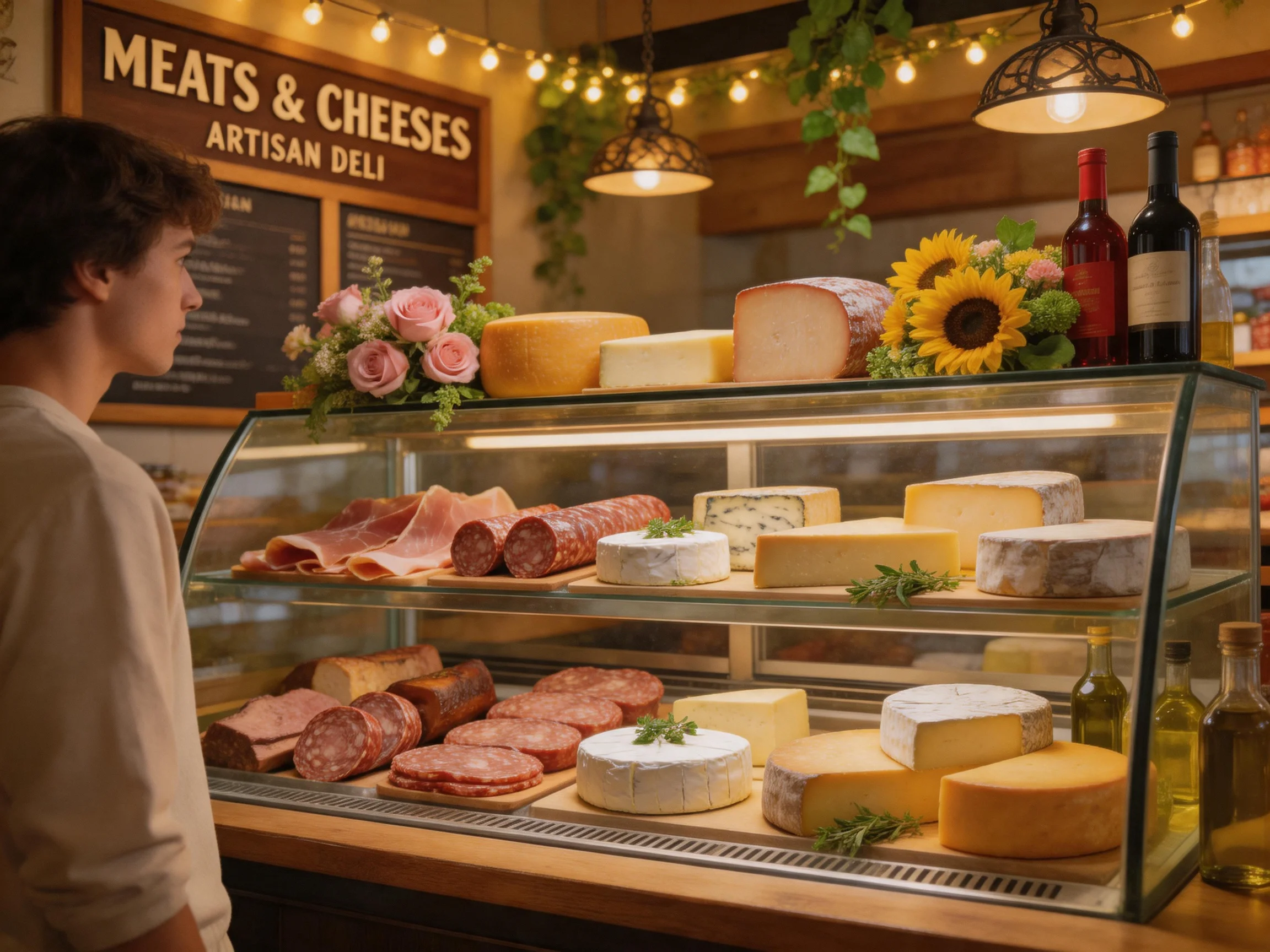 An Artisan Deli Display with Meats, Cheeses, and Floral Accents