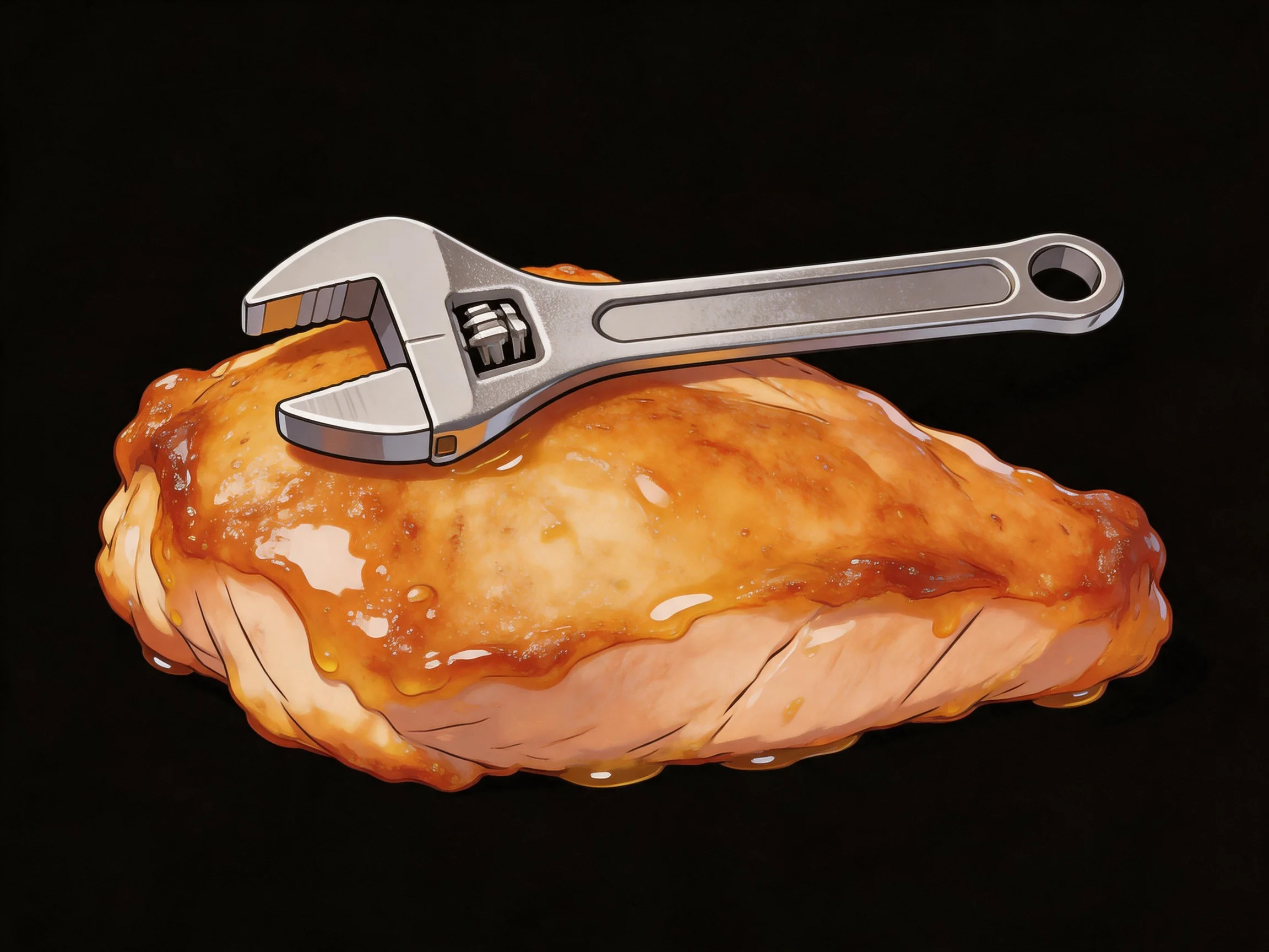 An adjustable wrench rests on a glossy roasted chicken piece