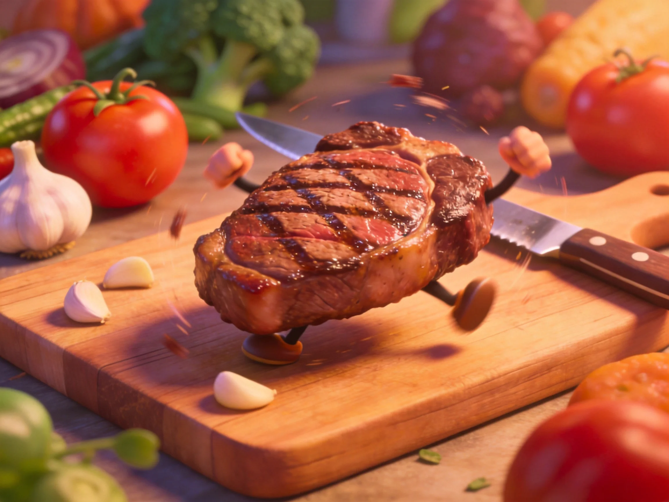 An animated grilled steak with playful features on wooden cutting board among fresh veggies
