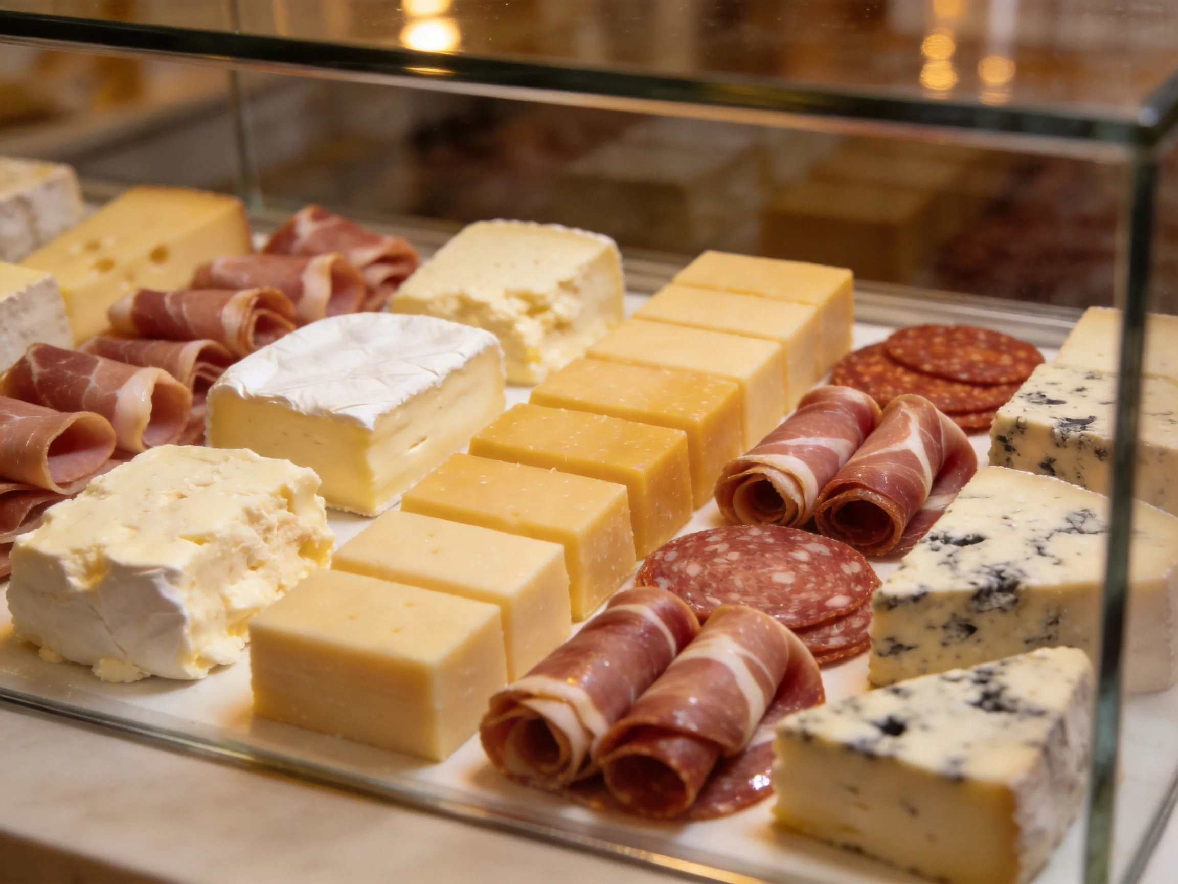 An array of cheeses and cured meats showcased in glass