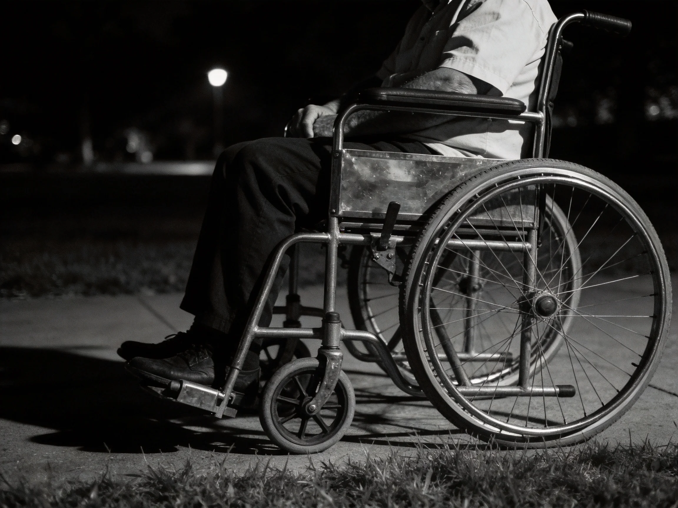 An elderly individual in a wheelchair sits outdoors at night