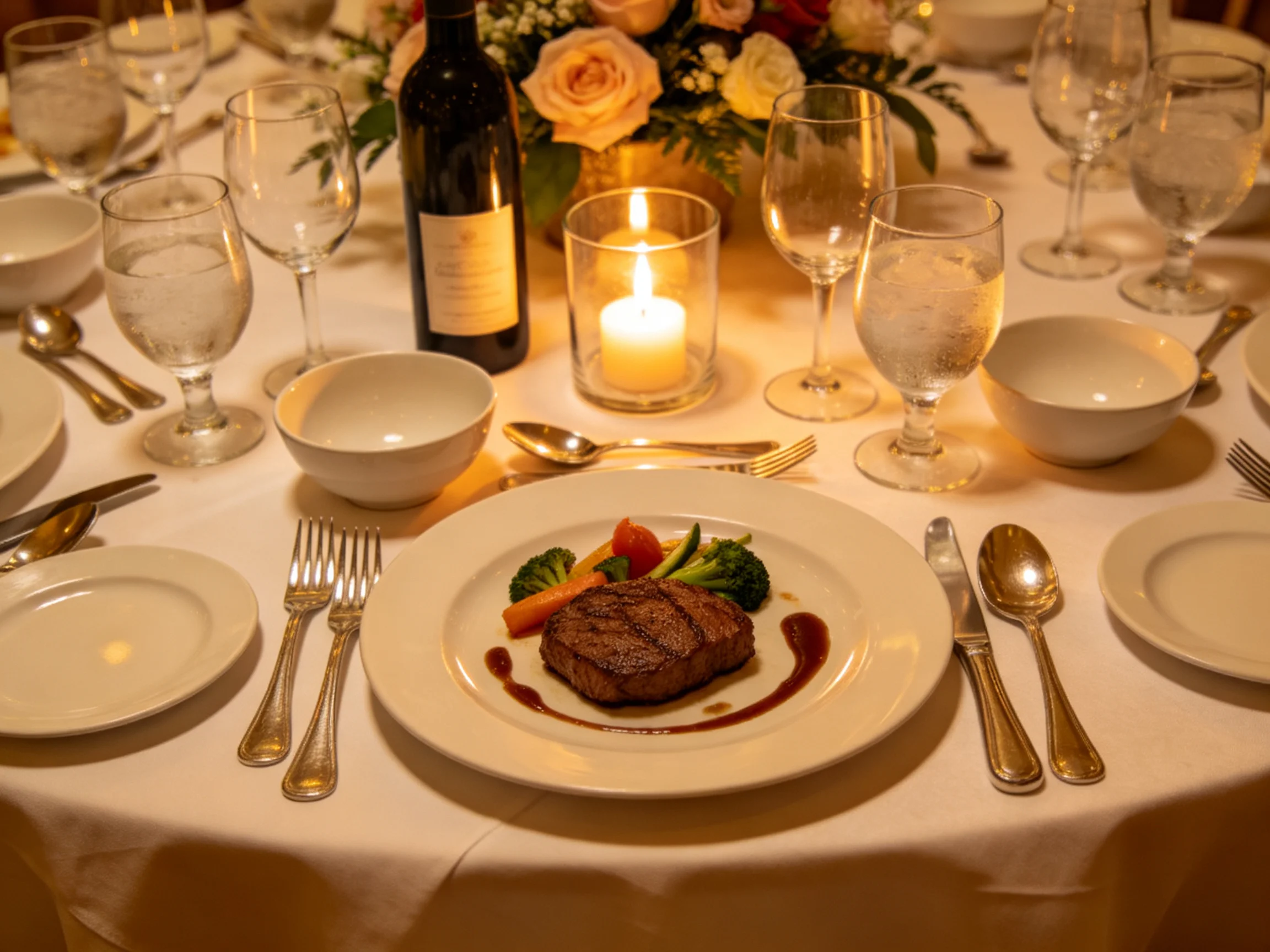 An elegant dining table features a grilled steak and floral centerpiece