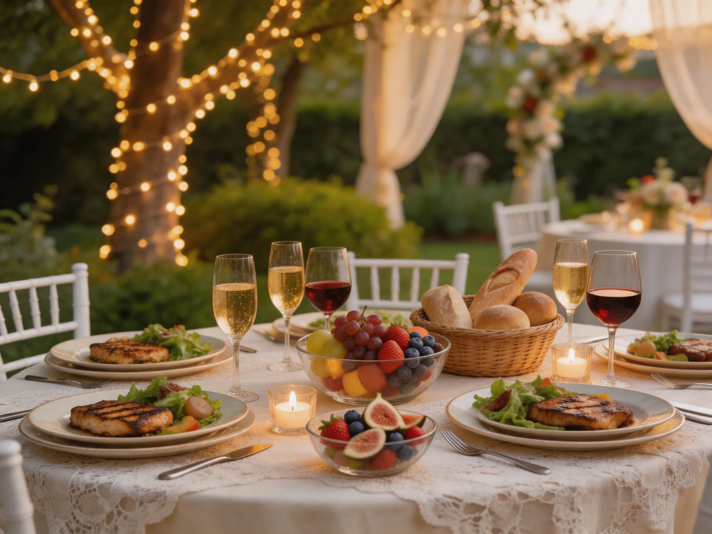 An elegant outdoor dinner setup with fruits, bread, and wine