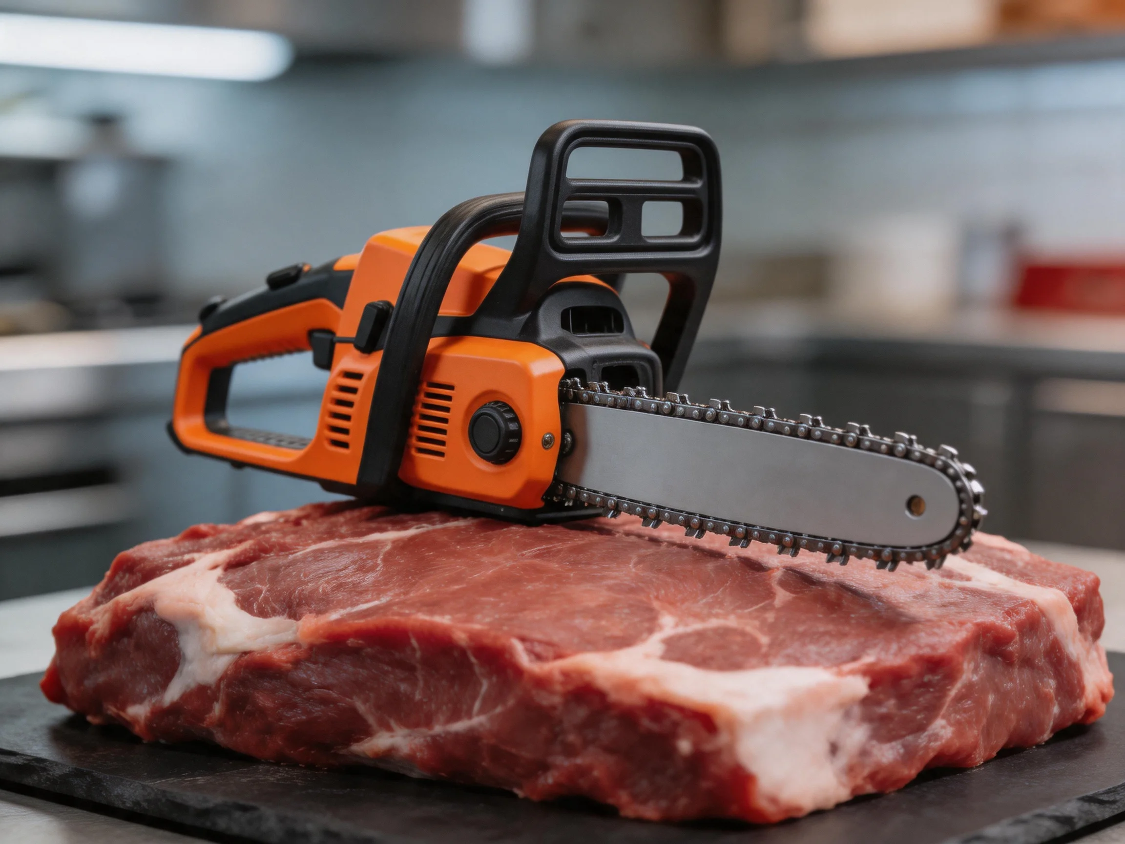 An orange electric chainsaw rests on a large piece of raw red meat