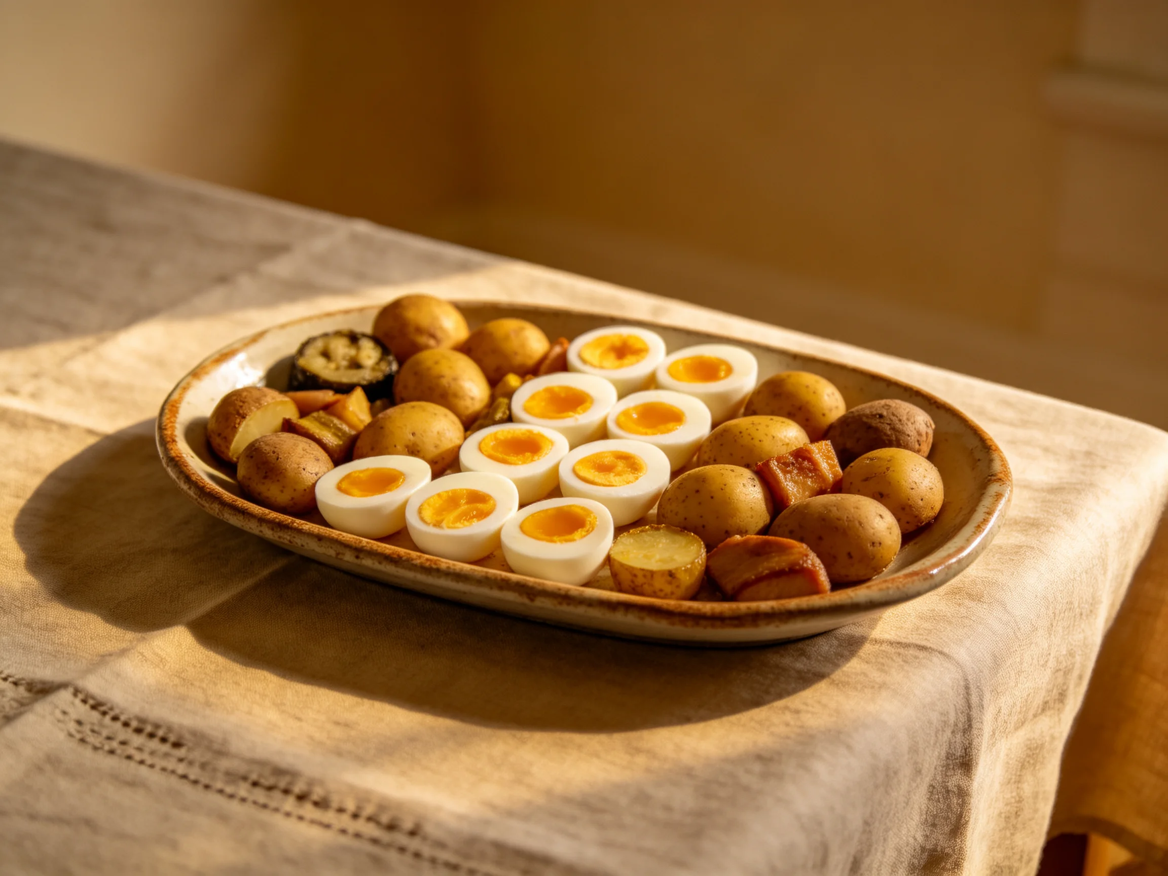 An oval ceramic platter features roasted baby potatoes and halved hard-boiled eggs