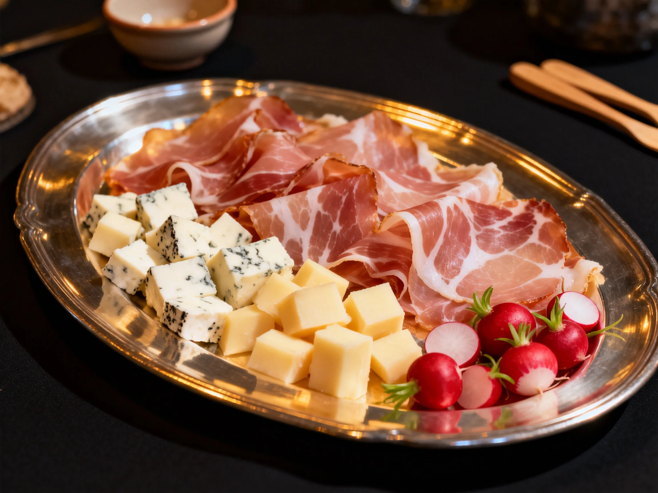An oval silver platter features sliced cured meats, cubed cheeses, and radishes