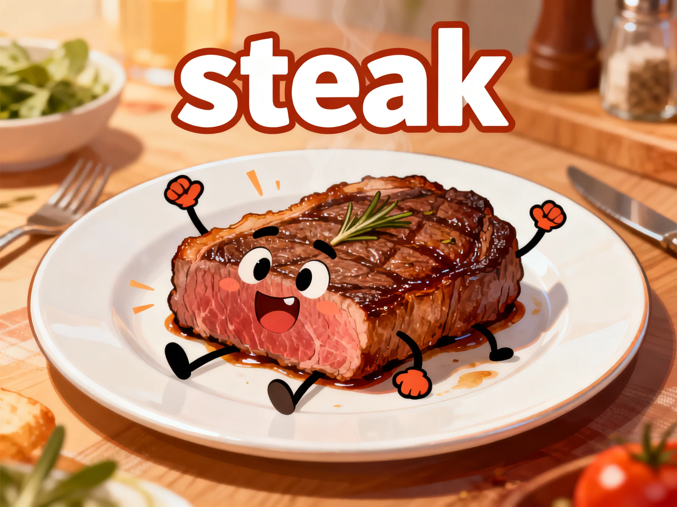 Animated Steak Character on White Dinner Plate