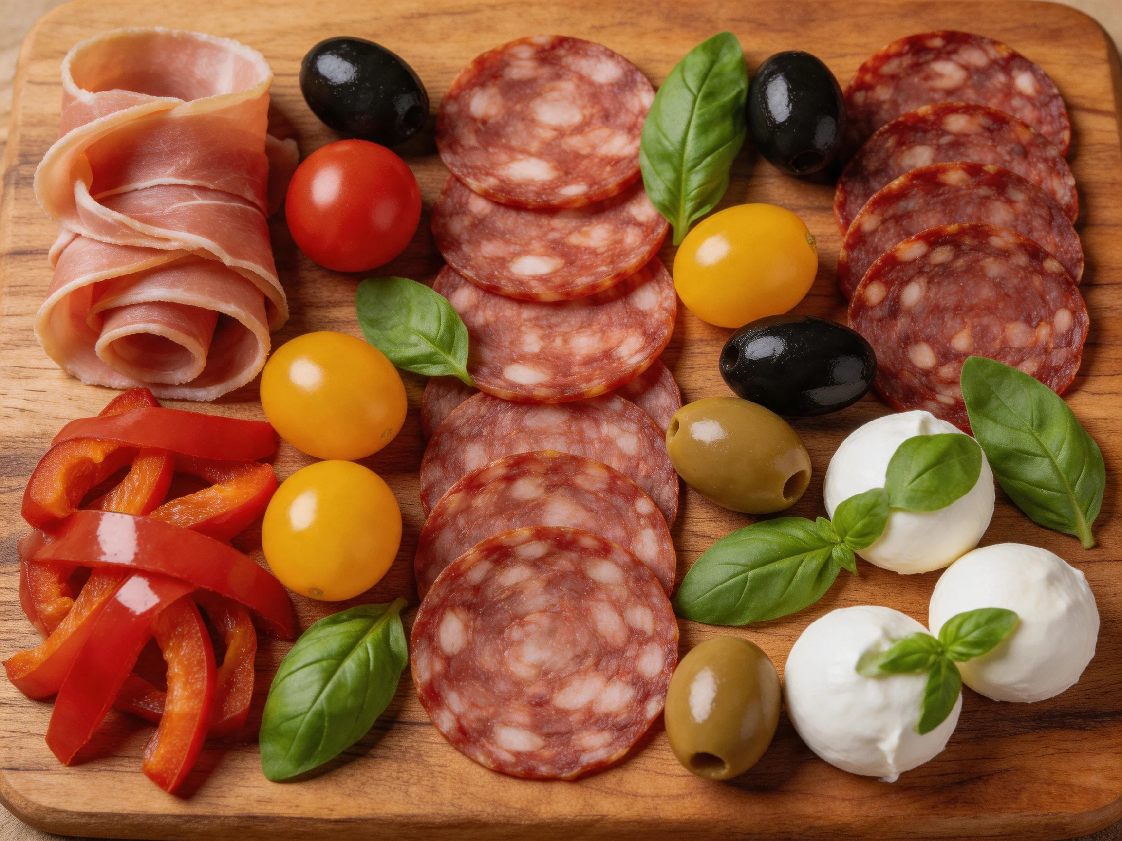 Antipasto platter with cured meats, colorful veggies, and fresh mozzarella