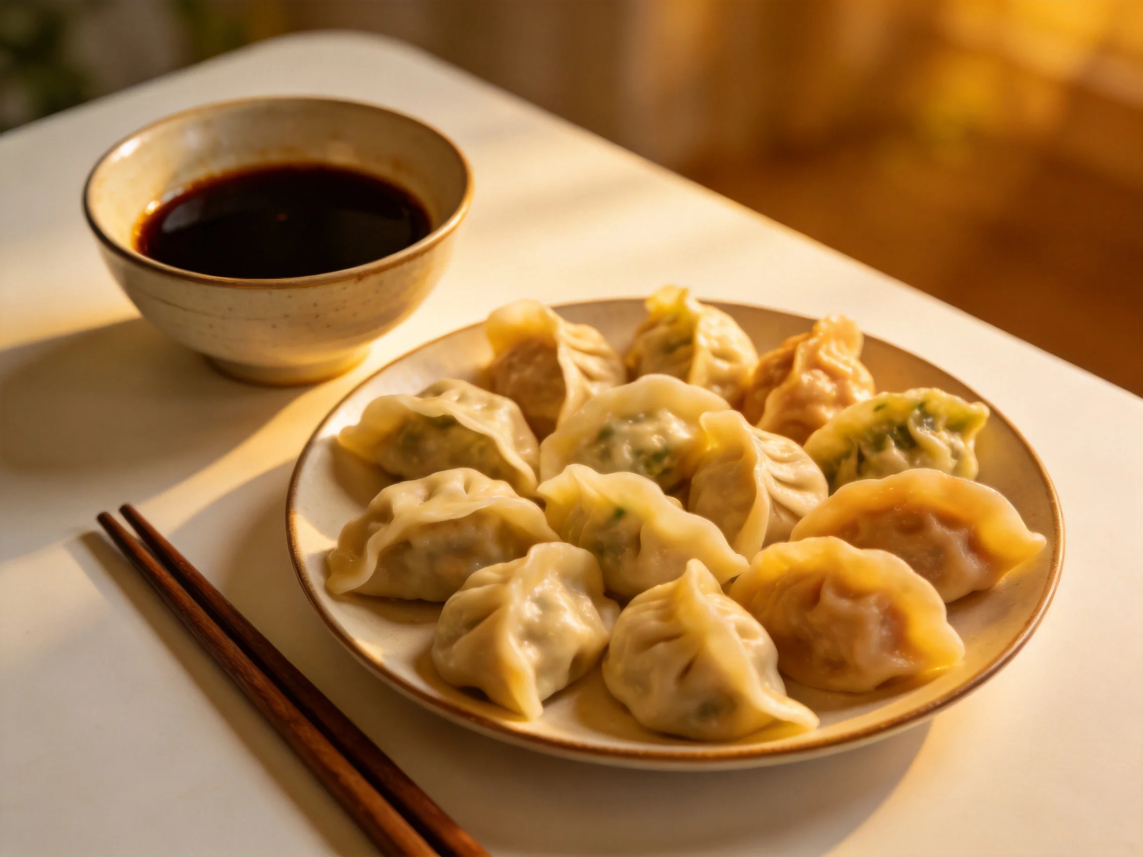 Assorted Dumplings with Dipping Sauce and Chopsticks on White Table