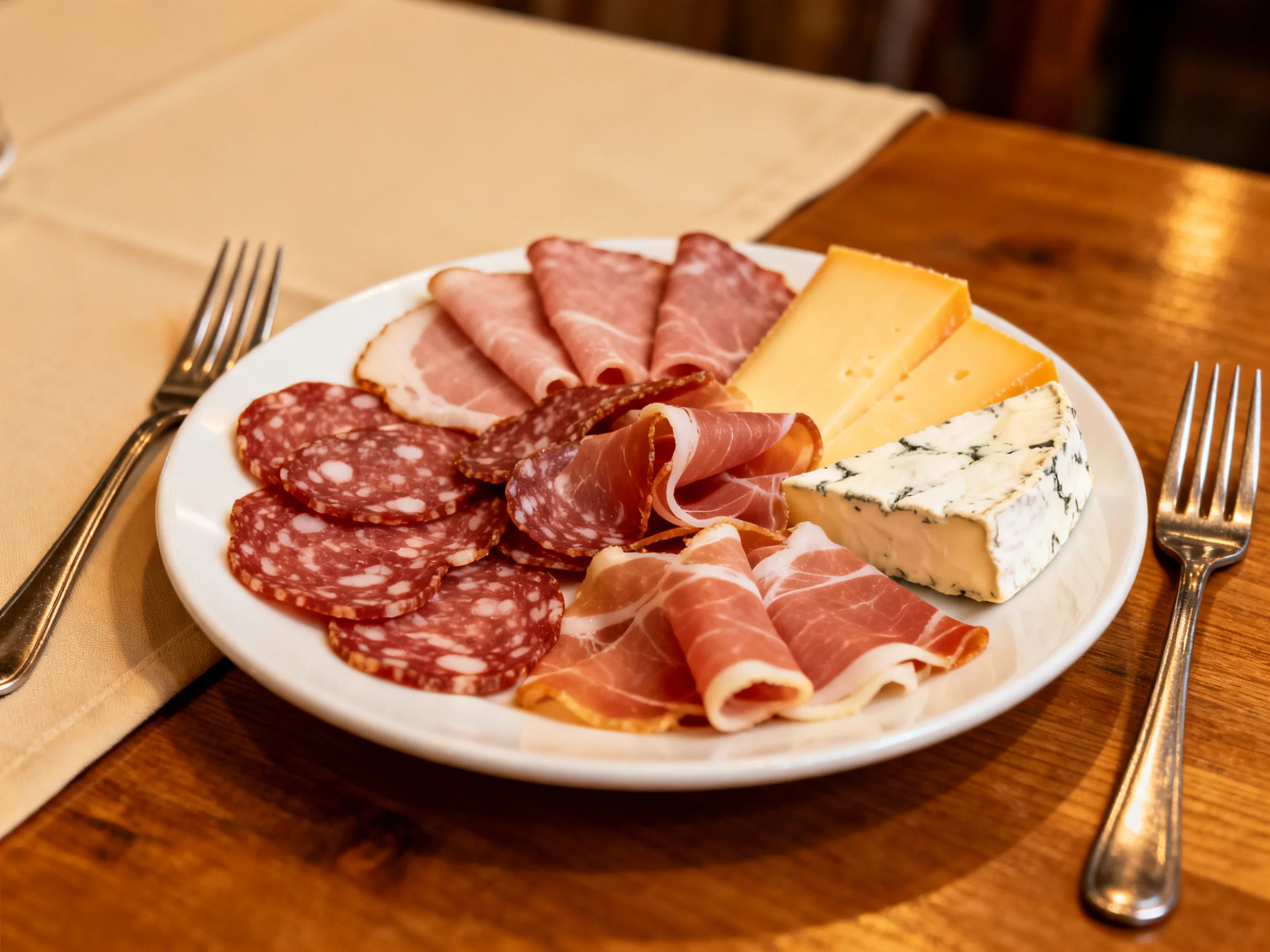 Assorted cured meats and cheeses are displayed on a white plate atop a wooden table