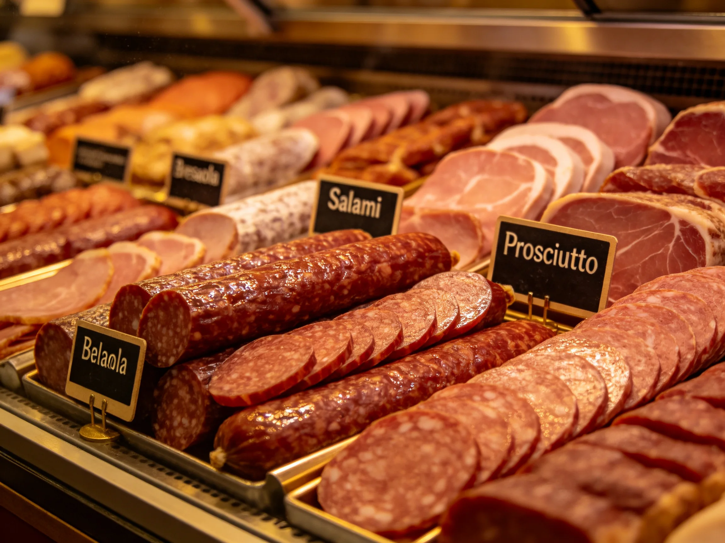 Assorted cured meats displayed in a deli case with labeled varieties