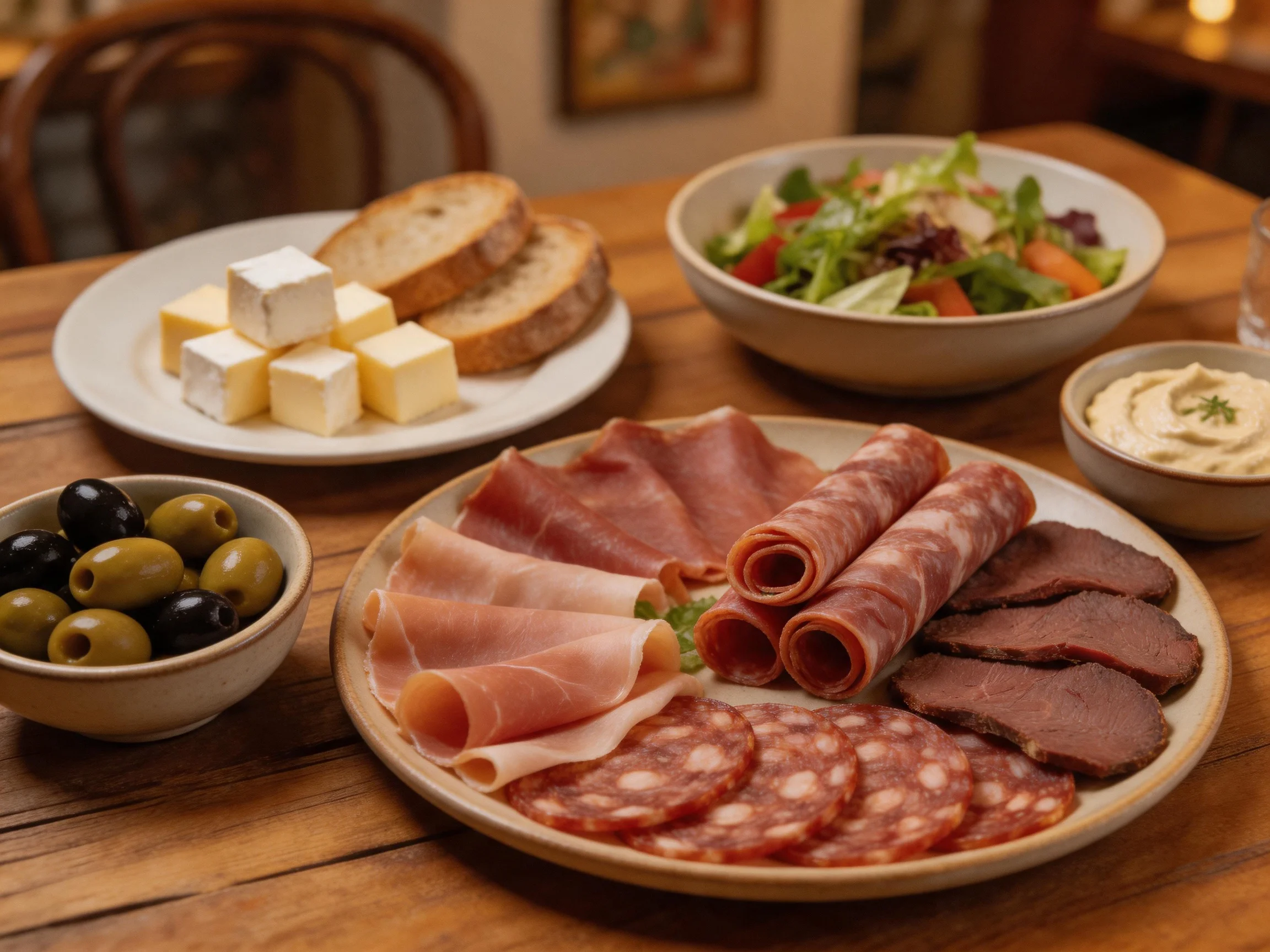 Assorted cured meats, fresh salad, cheeses, and olives on a wooden table