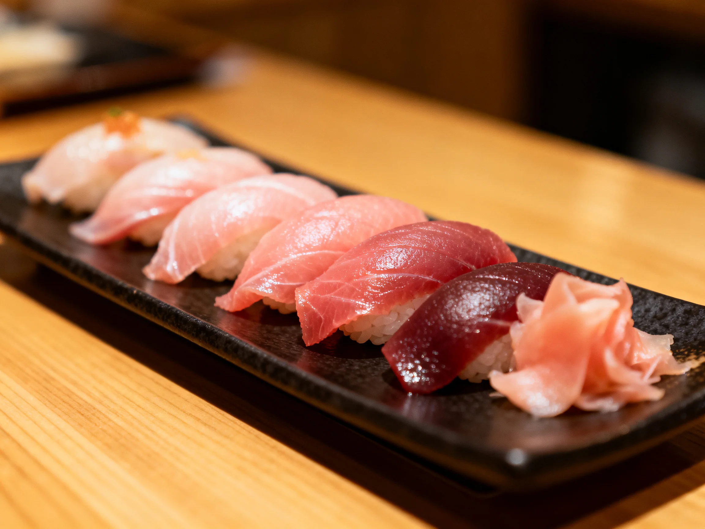 Assorted fresh fish nigiri sushi arranged on a dark rectangular platter