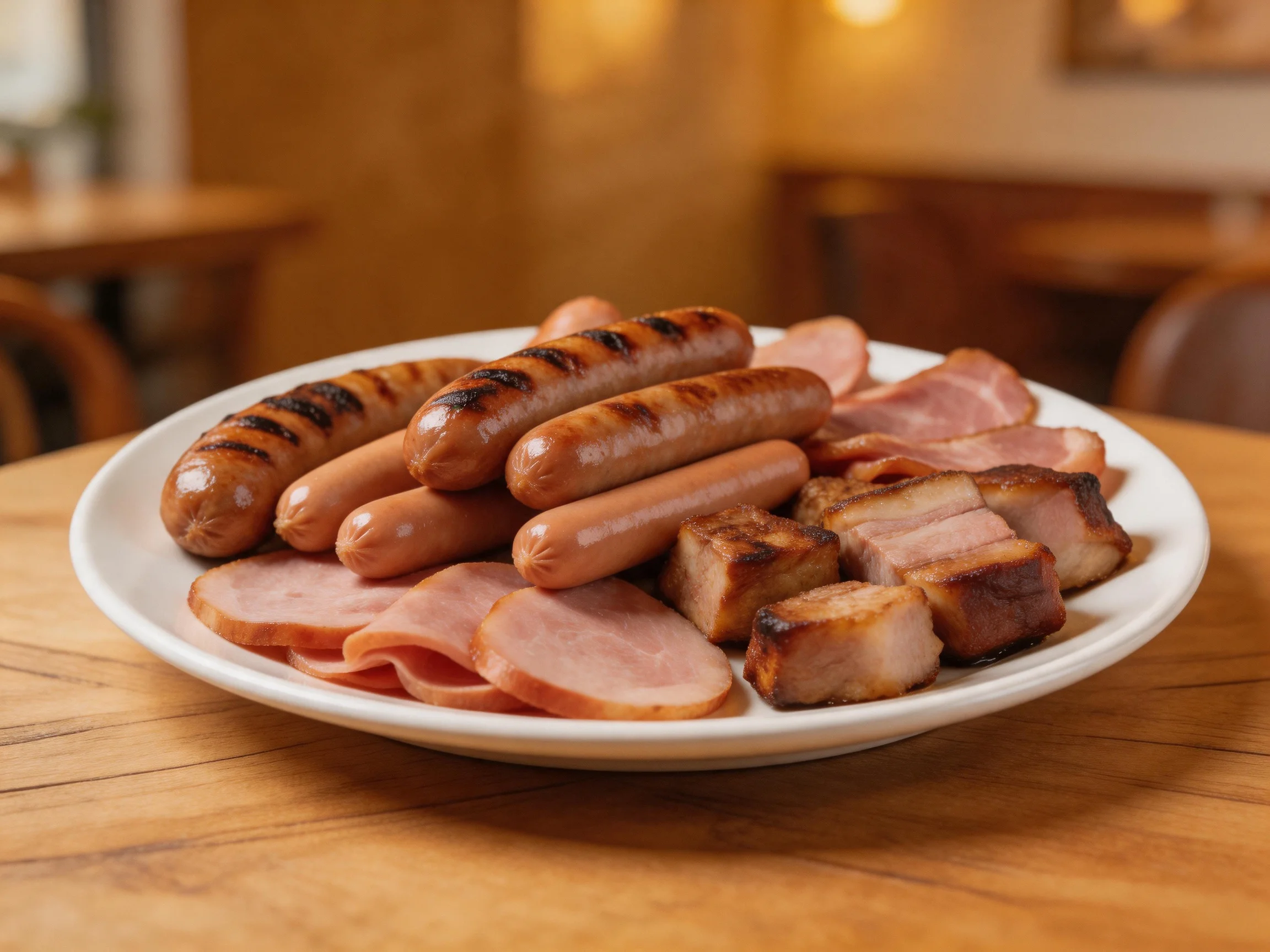Assorted grilled meats including sausages, ham, and pork cubes on a plate