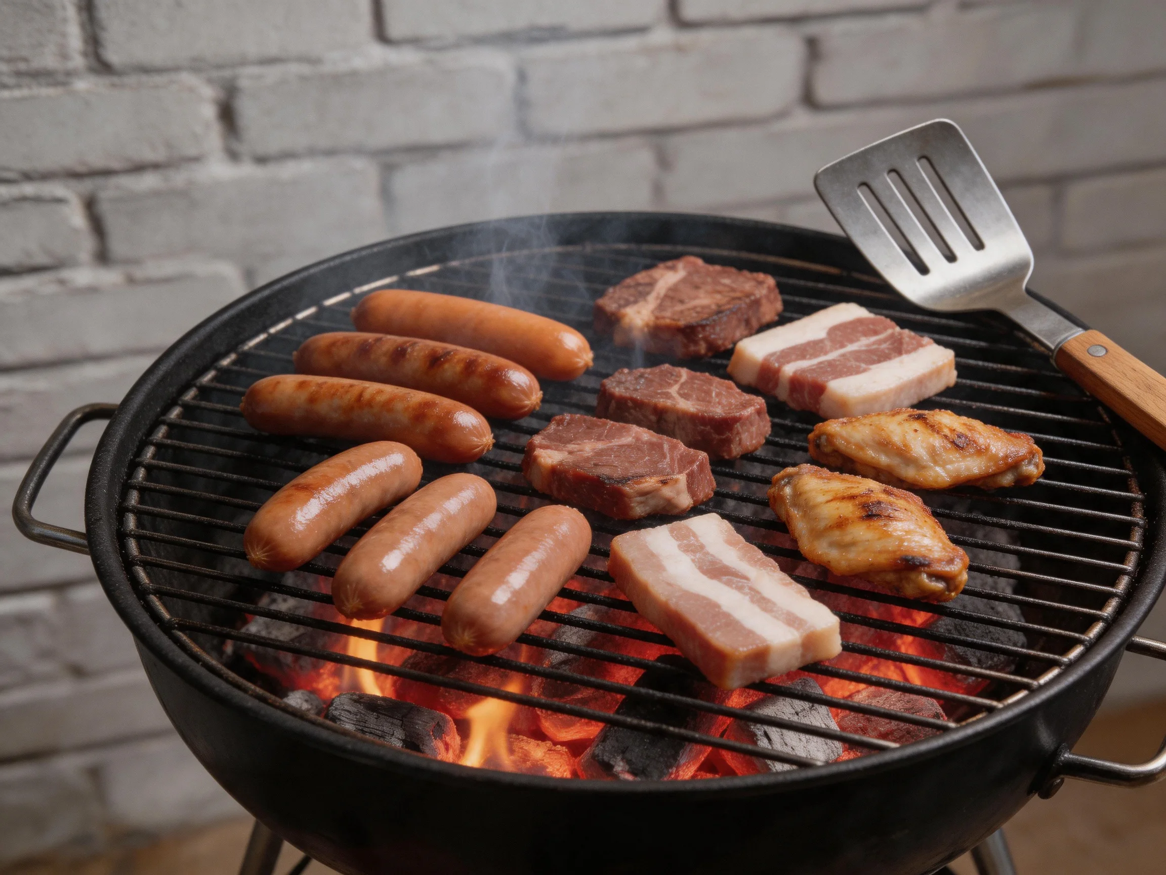 Assorted grilled meats on a charcoal grill: sausages, steaks, bacon, chicken wings