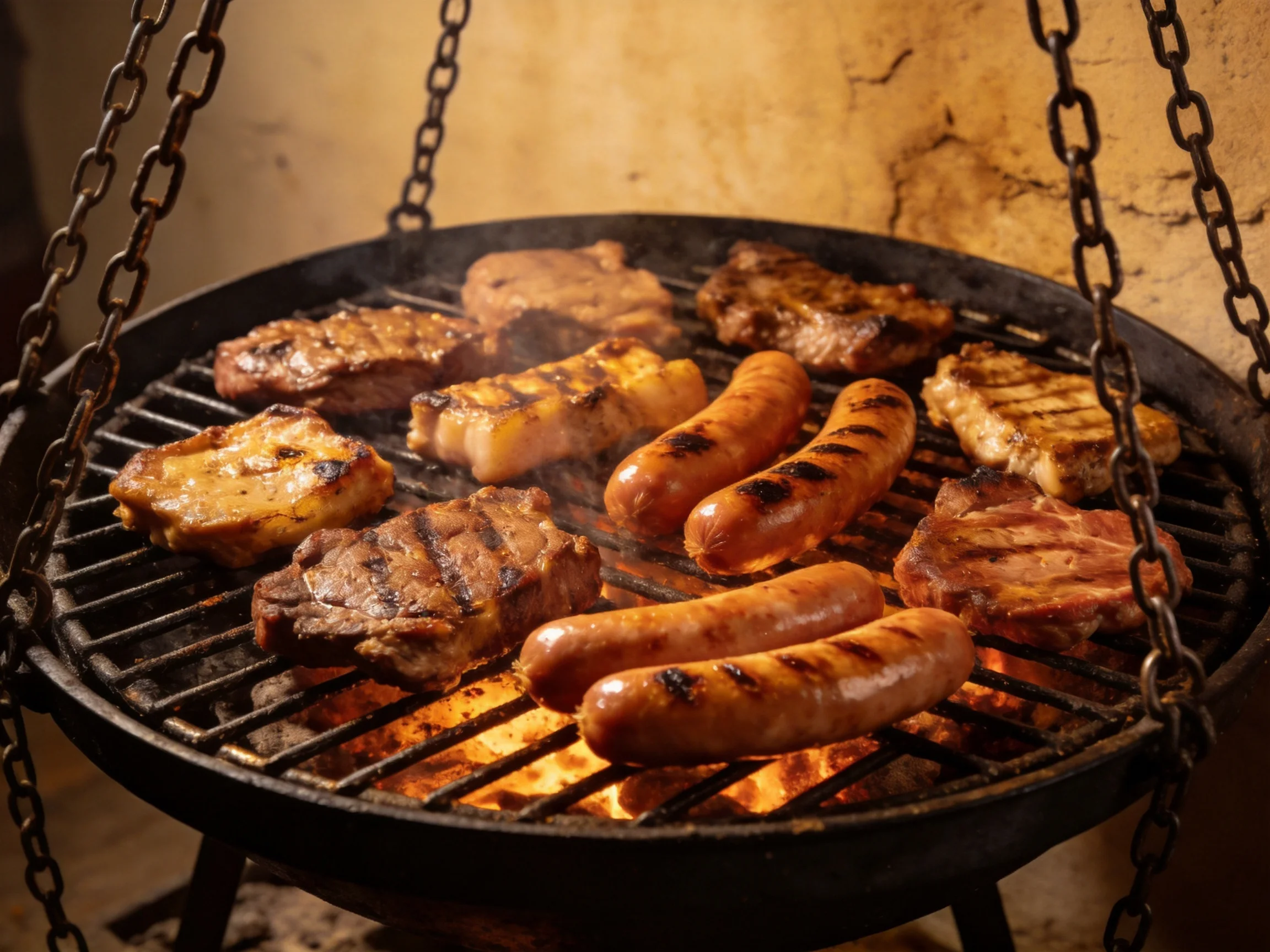 Assorted grilled meats sizzle on a suspended barbecue grill
