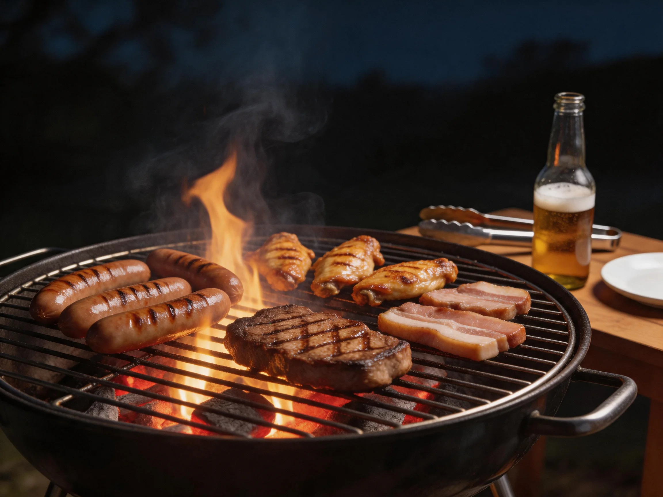 Assorted grilled meats sizzle over open flames with a beer bottle nearby