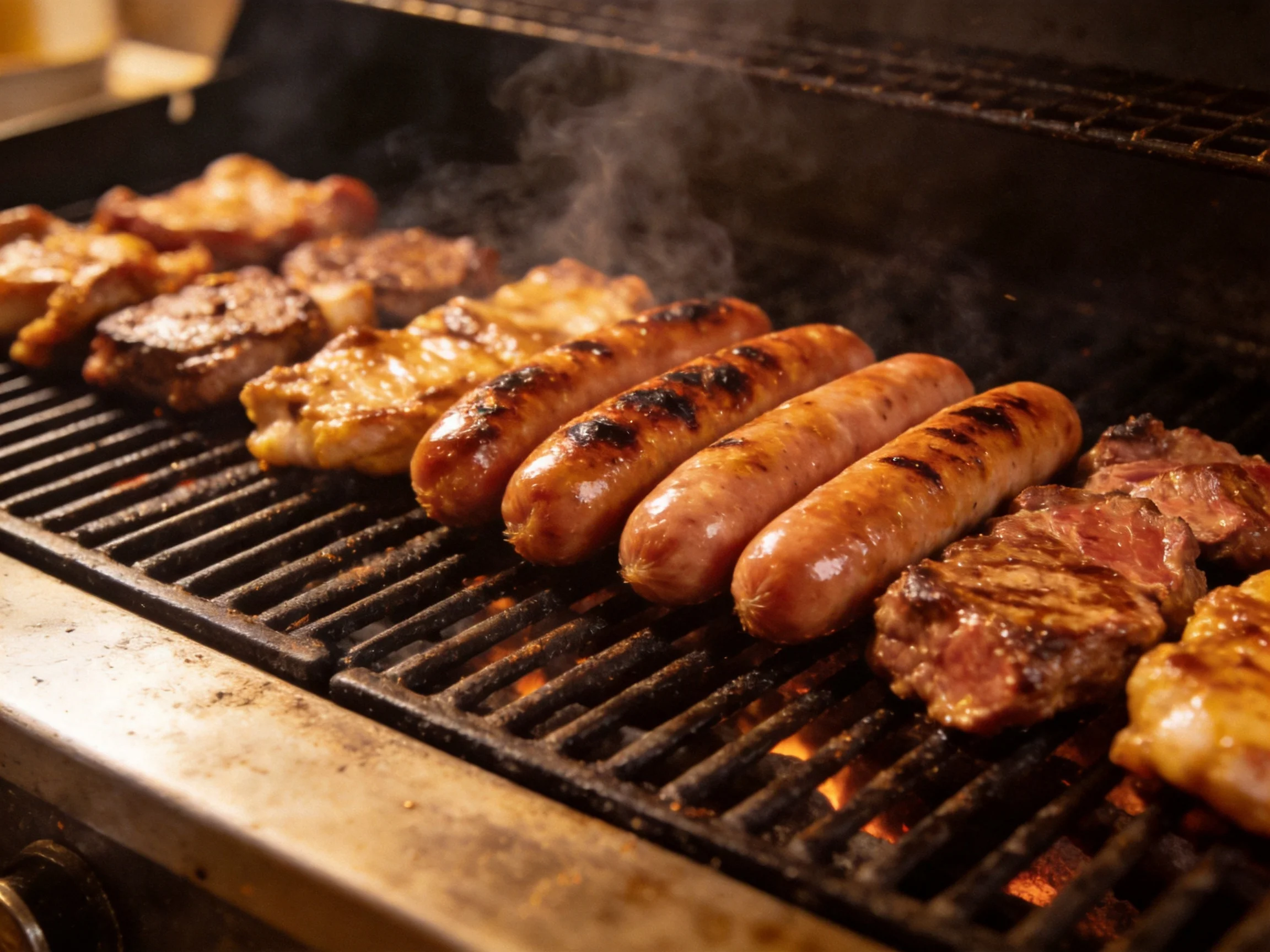 Assorted grilled meats with charred marks and rising smoke