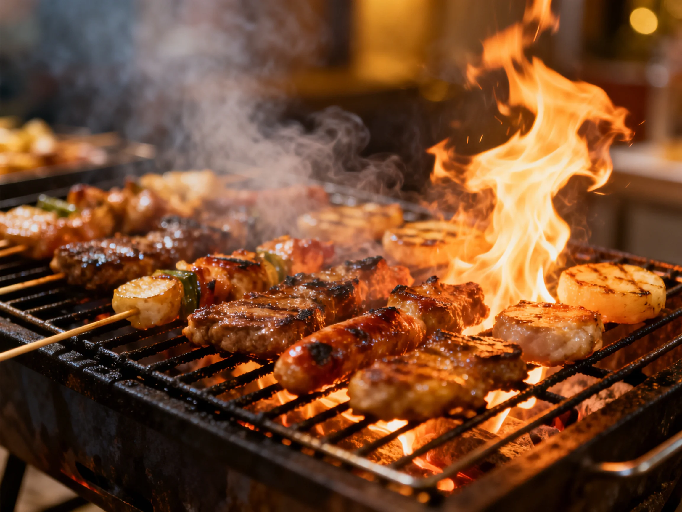 Assorted grilled skewers and meats over roaring flames