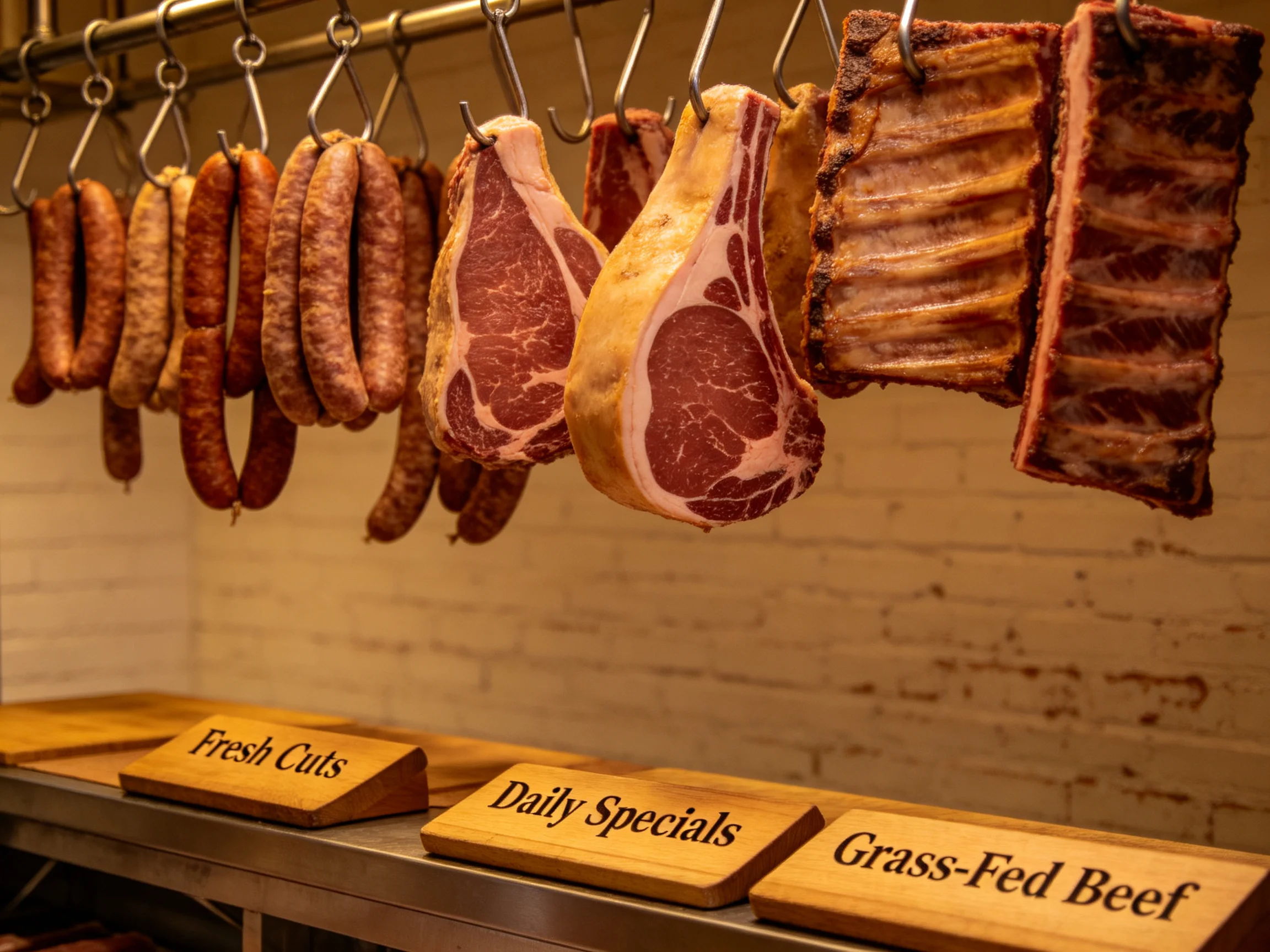 Assorted meats hang with wooden signage