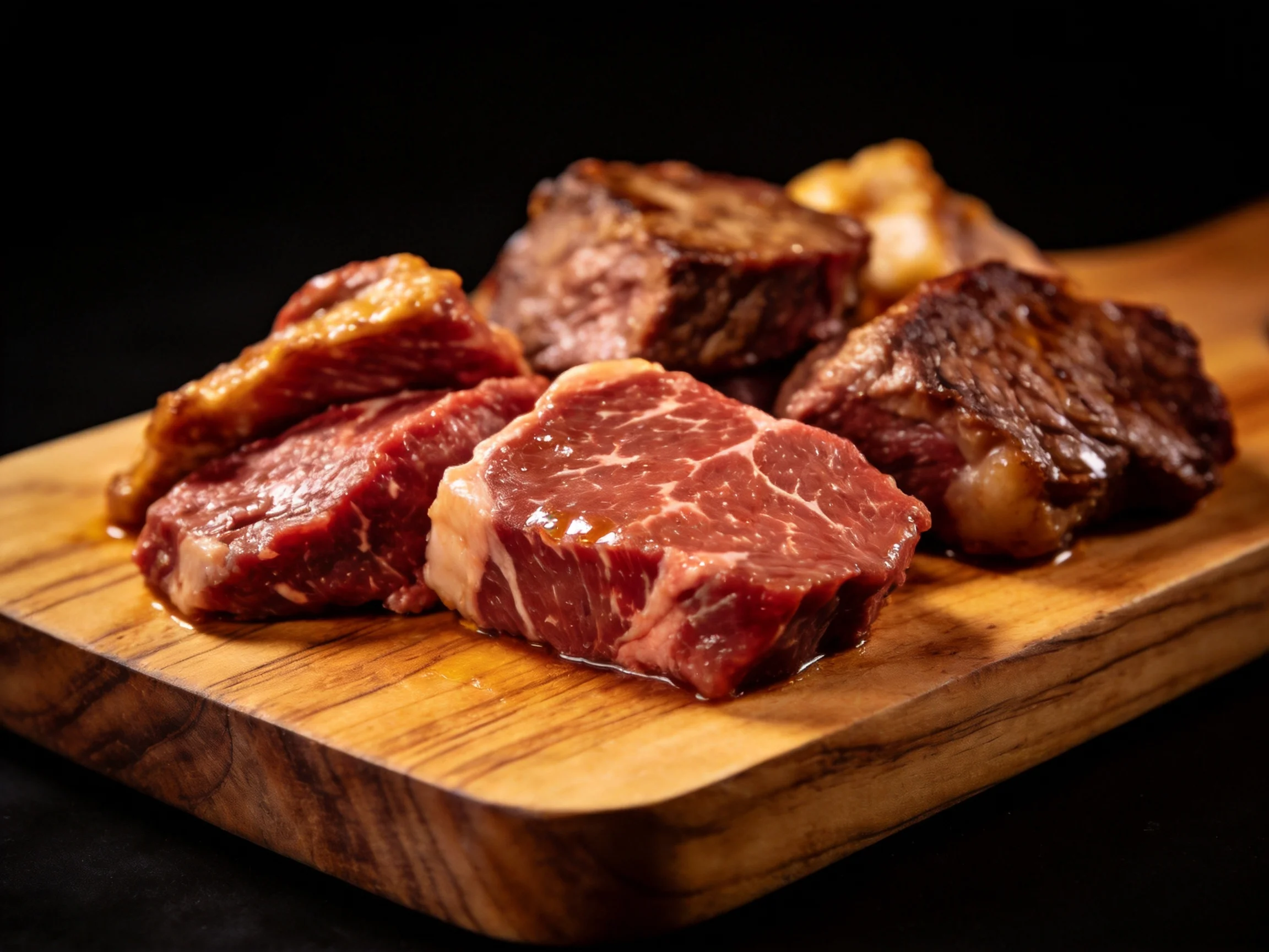 Assorted raw beef cuts on a wooden serving board