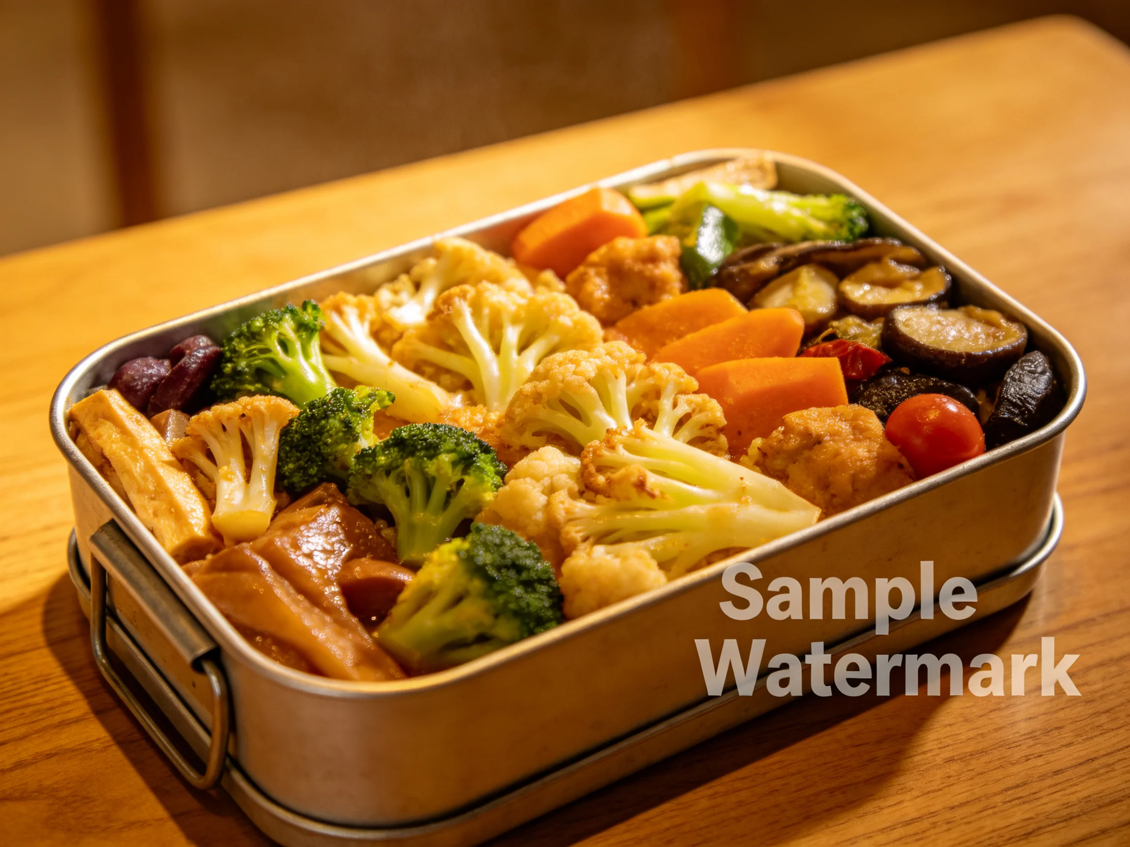 Assorted roasted vegetables in a rectangular metal lunchbox
