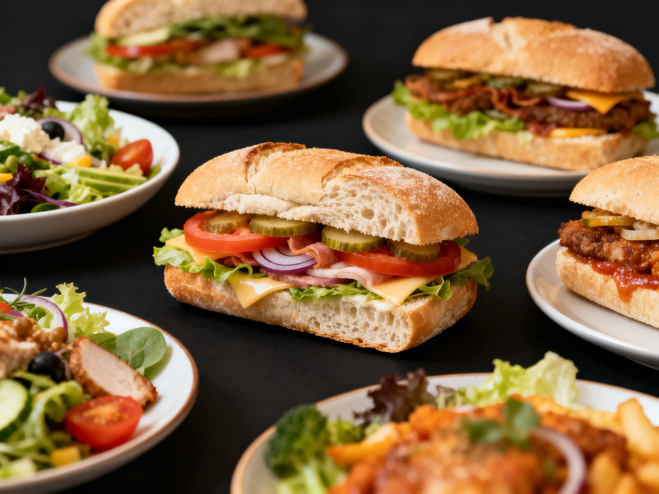 Assorted sandwiches and salads displayed on white plates