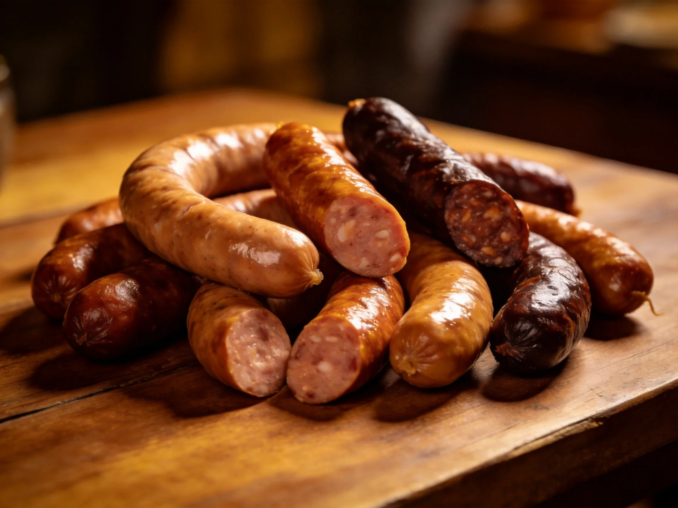 Assorted sausages in diverse colors on a wooden board