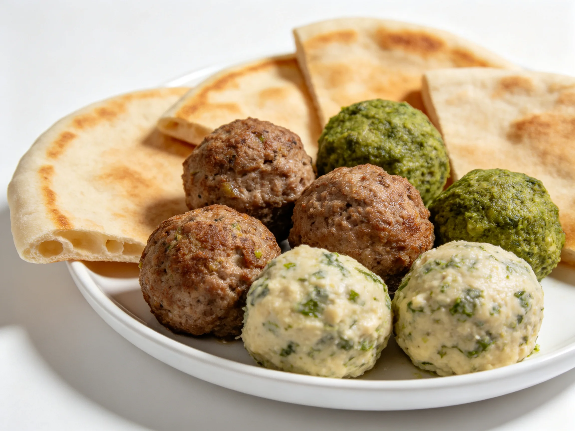 Assorted stuffed balls and toasted flatbreads on a white plate