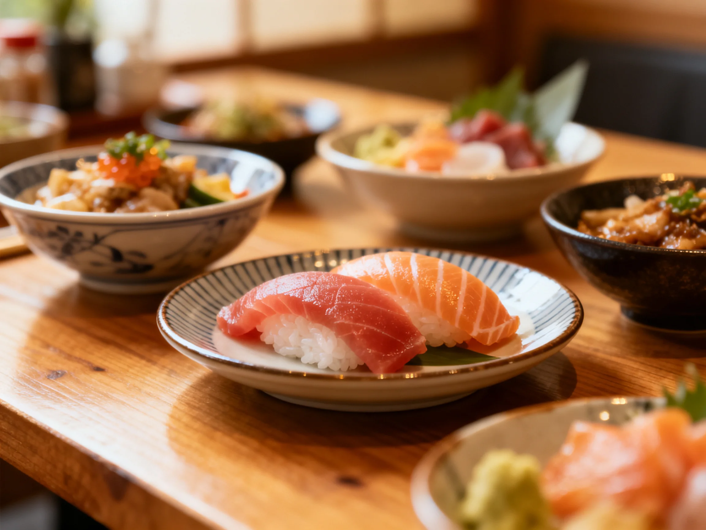 Assorted sushi and Japanese dishes served on a wooden table