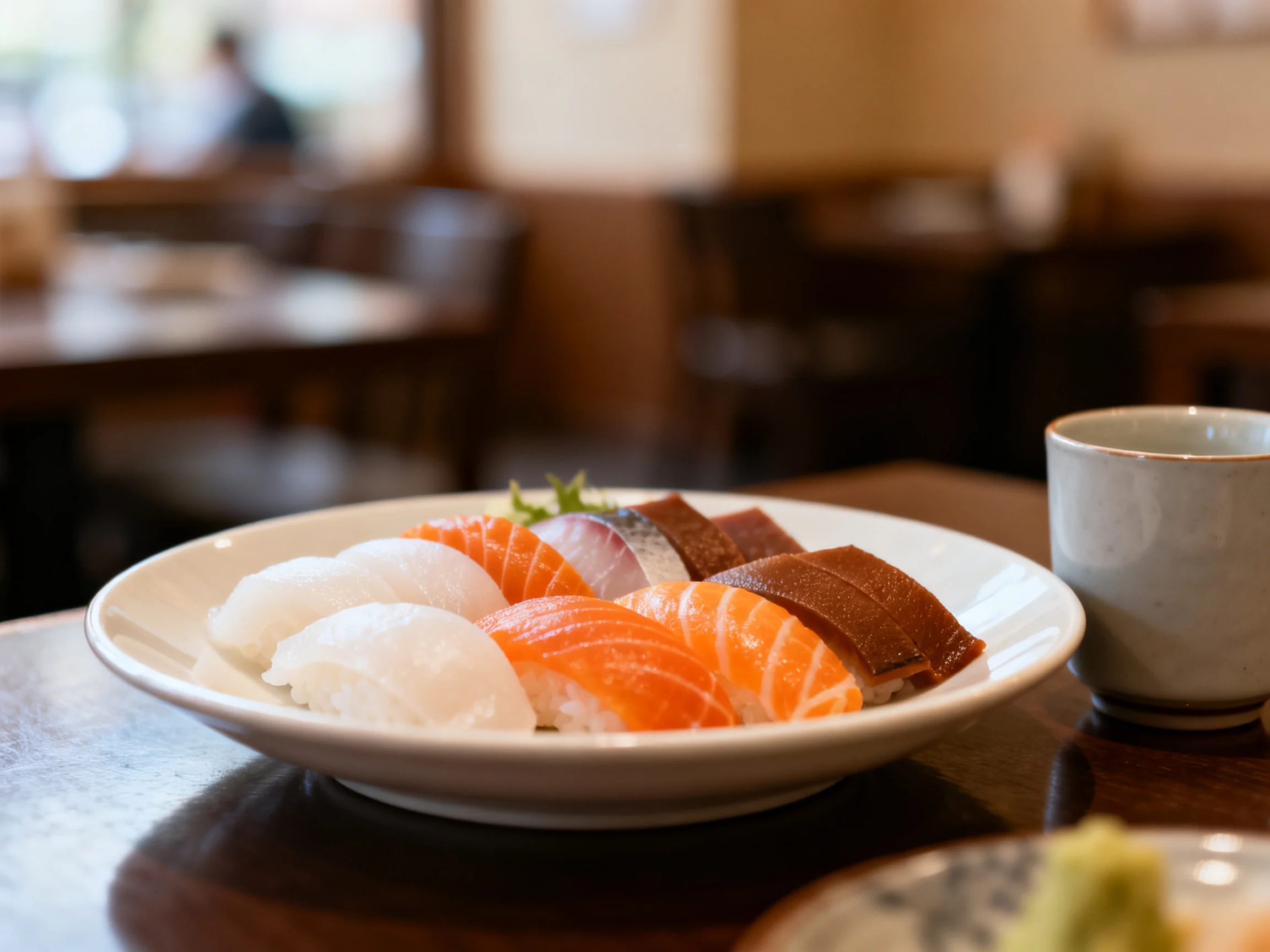 Assorted sushi varieties served with a cup in a restaurant