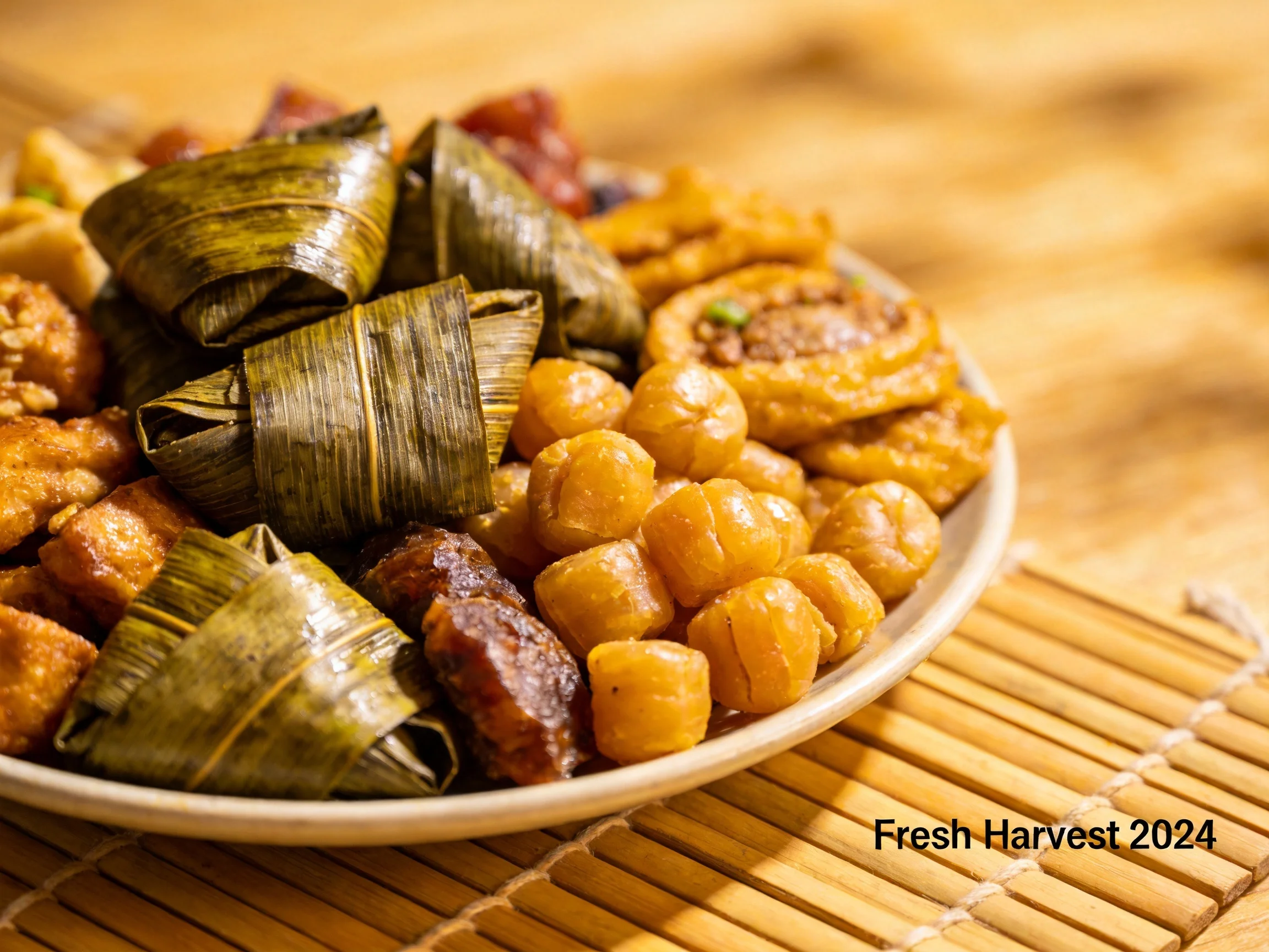 Assorted traditional dishes in golden and green hues on a bamboo mat