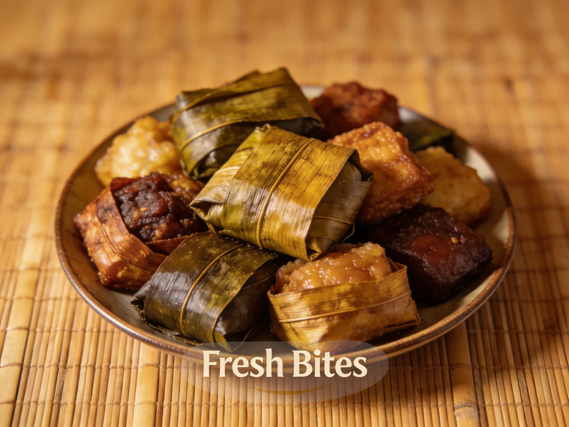 Assorted wrapped dishes on a bamboo mat with varied hues