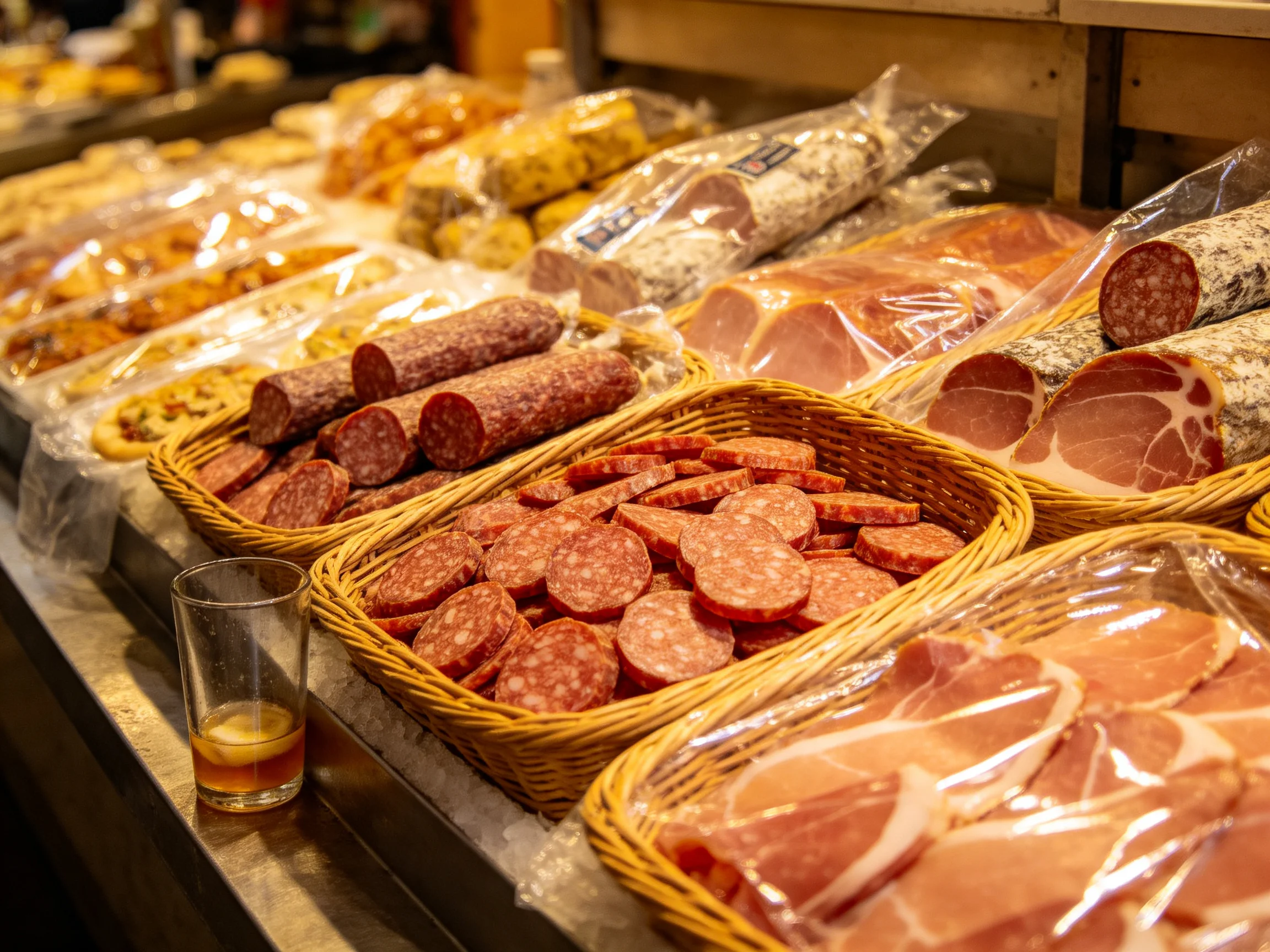 Assortment of cured meats in wicker baskets near a glass of amber liquid