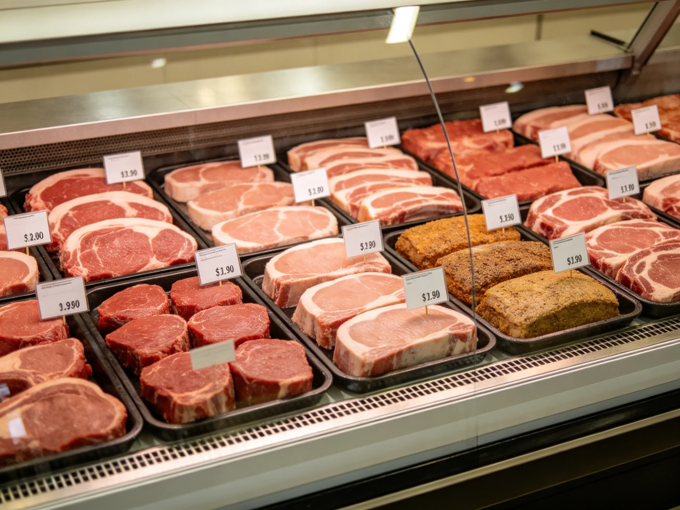 Assortment of fresh meats in a refrigerated display case with price labels