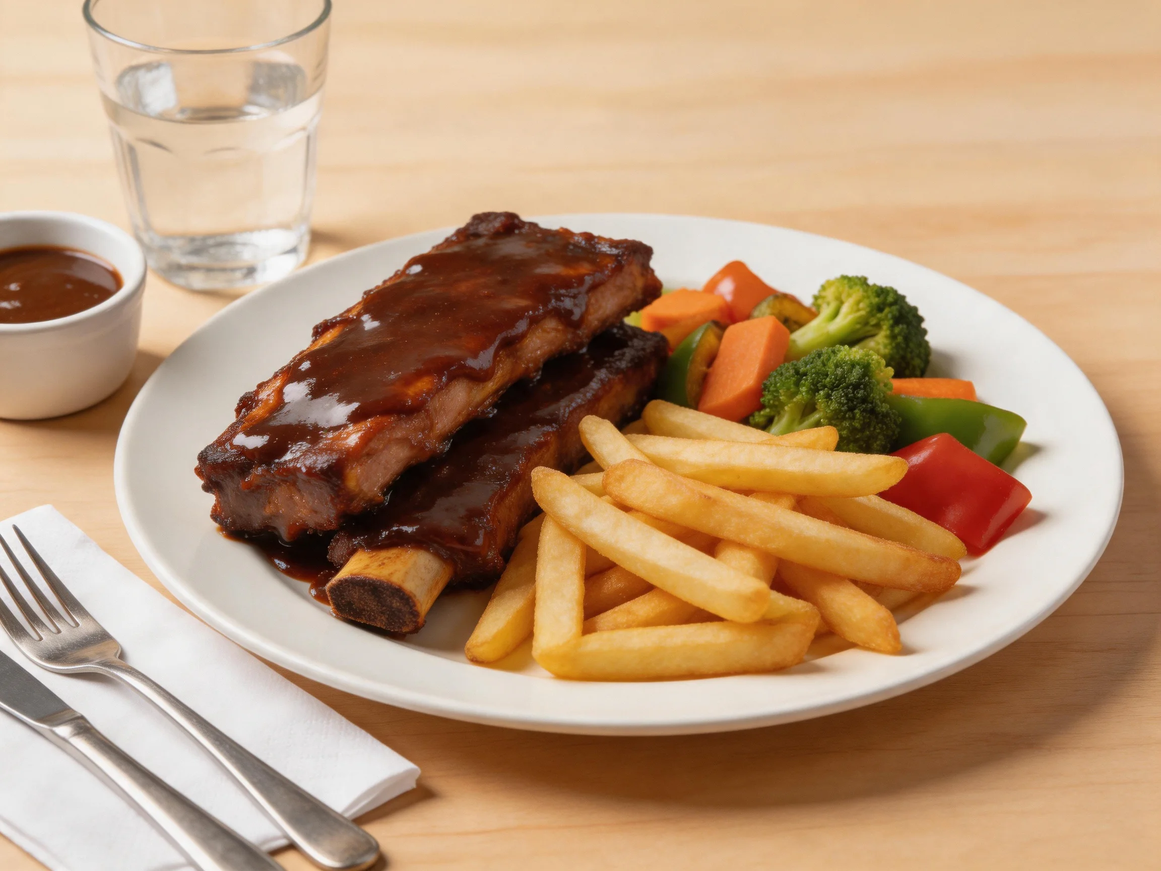 BBQ Ribs with Golden Fries, Mixed Veggies, and Brown Sauce