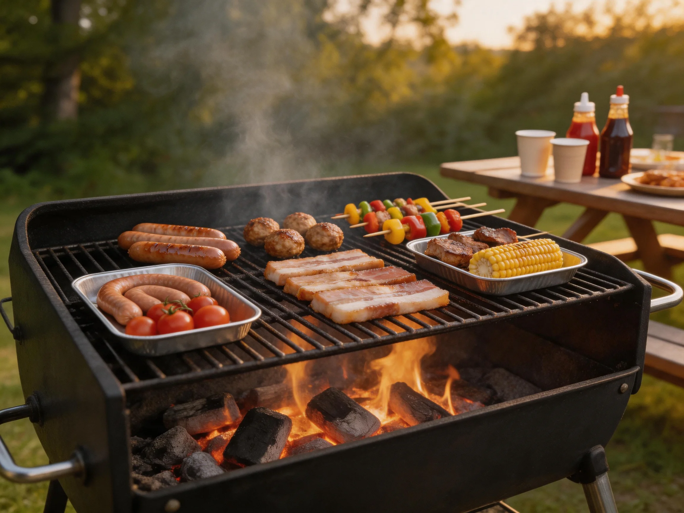 Backyard Charcoal Grill with Various Grilled Items Near Picnic Table