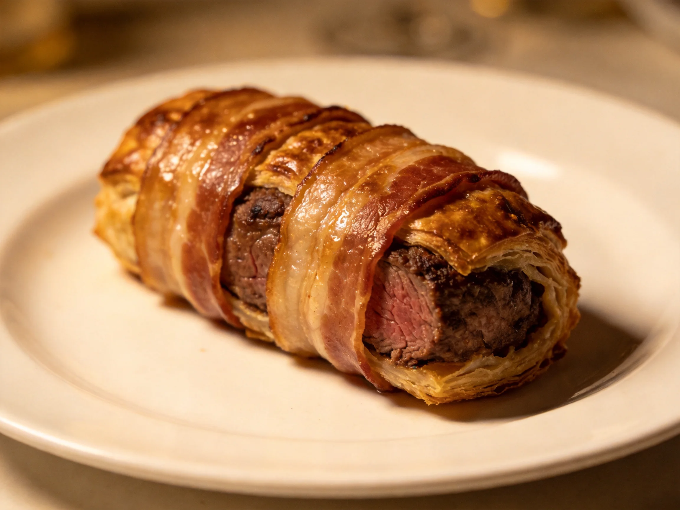 Bacon-Wrapped Beef Wellington on a White Plate