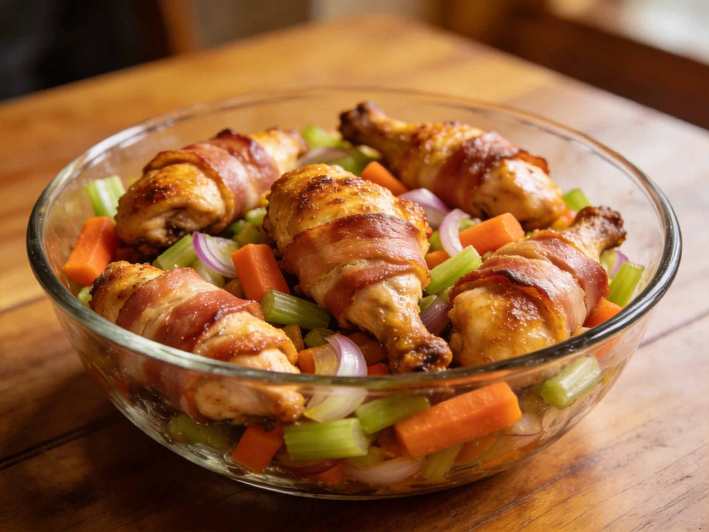 Bacon-Wrapped Chicken Thighs with Carrots, Celery, and Onions in a Glass Bowl