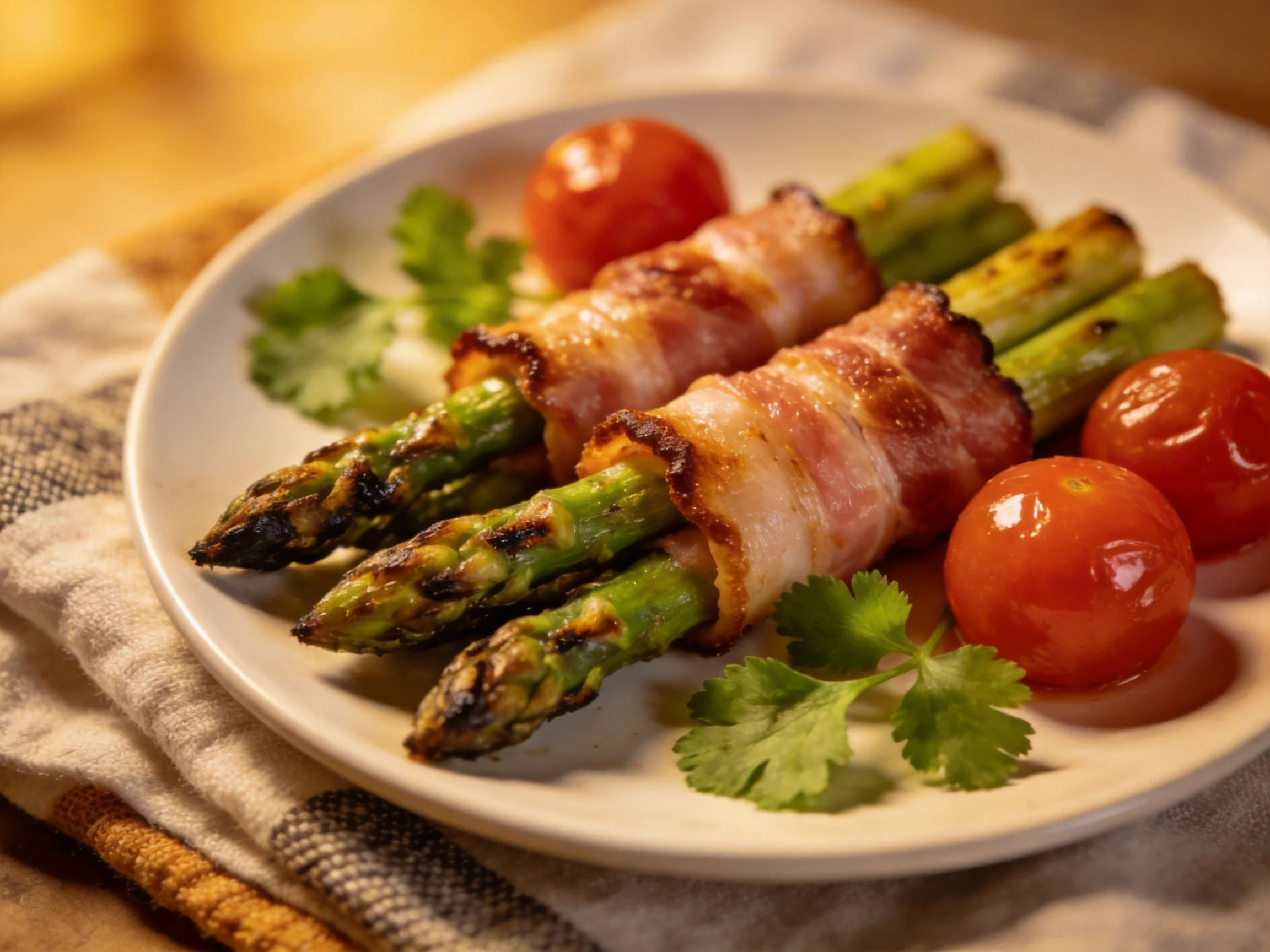 Bacon-Wrapped Grilled Asparagus with Cherry Tomatoes and Cilantro