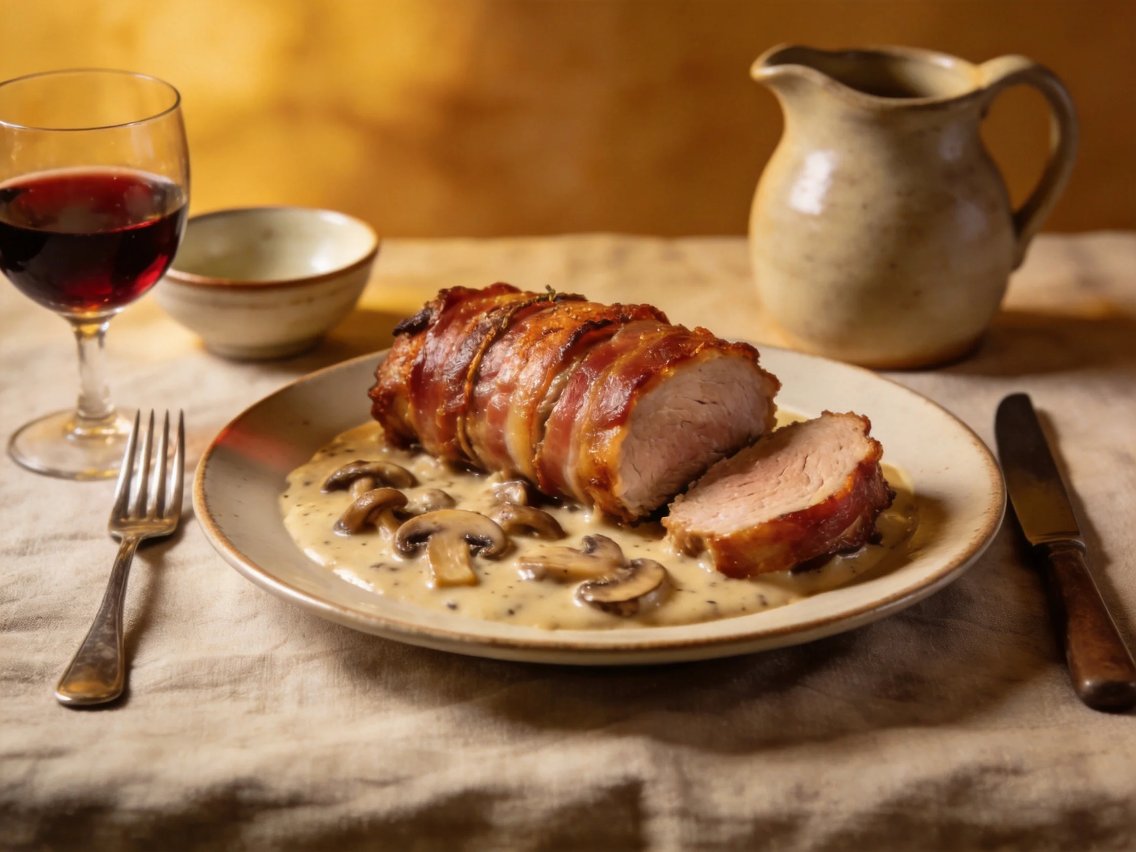 Bacon-Wrapped Pork Tenderloin with Mushroom Gravy and Red Wine