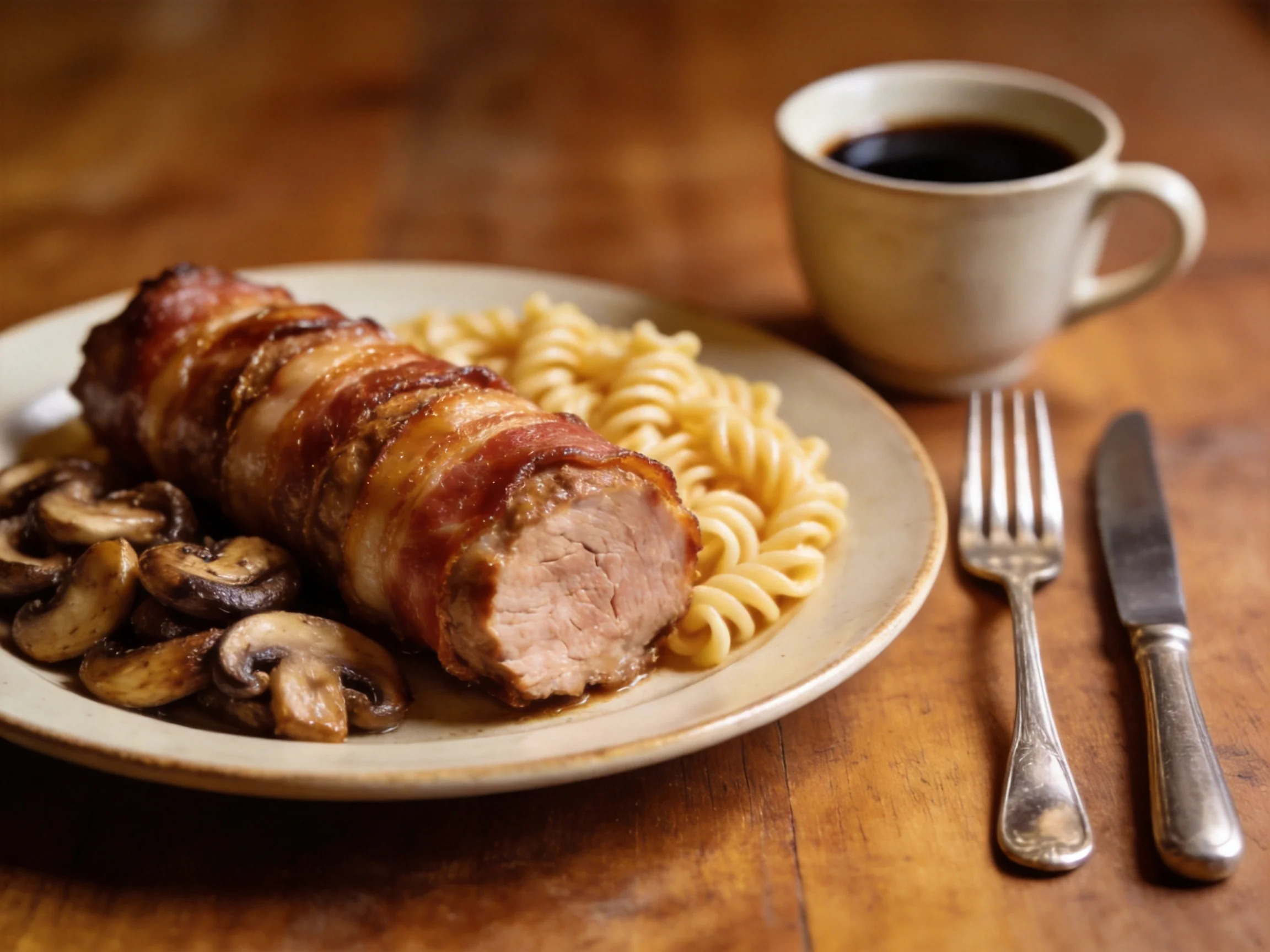 Bacon-Wrapped Pork Tenderloin with Pasta, Mushrooms, and Coffee