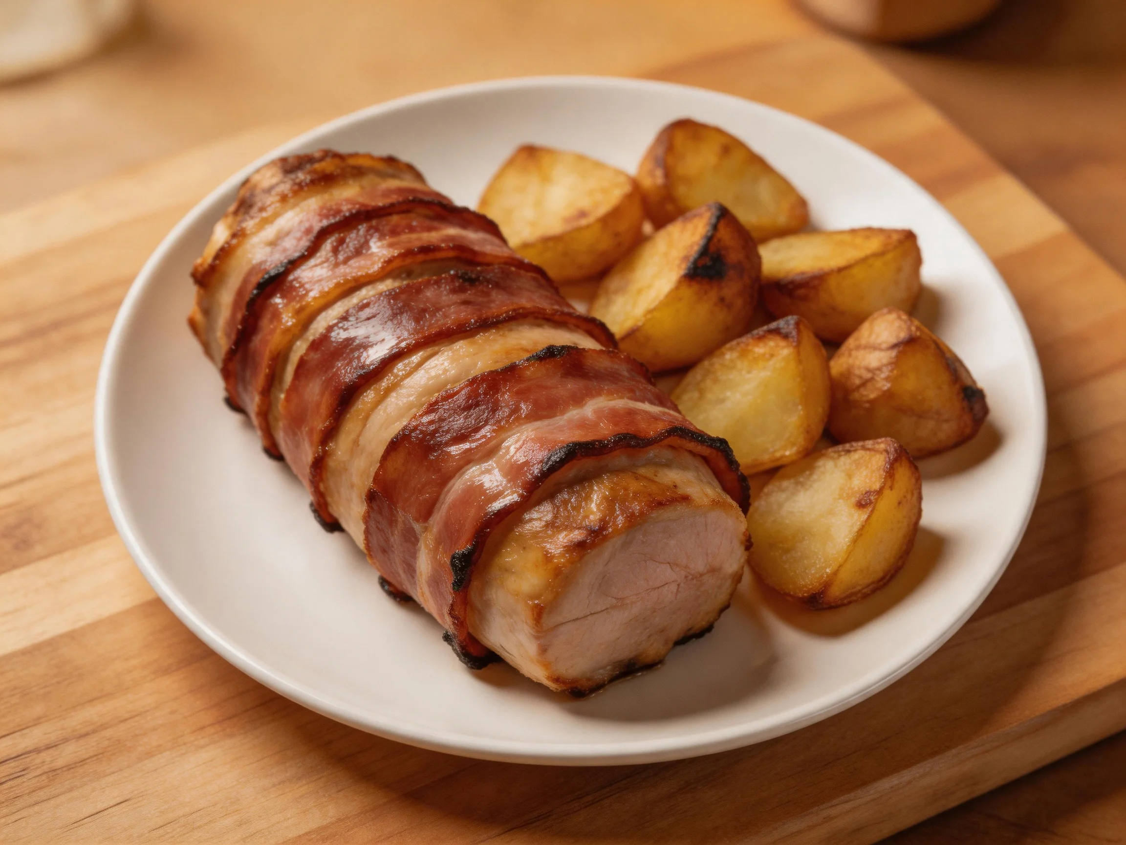 Bacon-Wrapped Pork Tenderloin with Roasted Potato Wedges on a White Plate