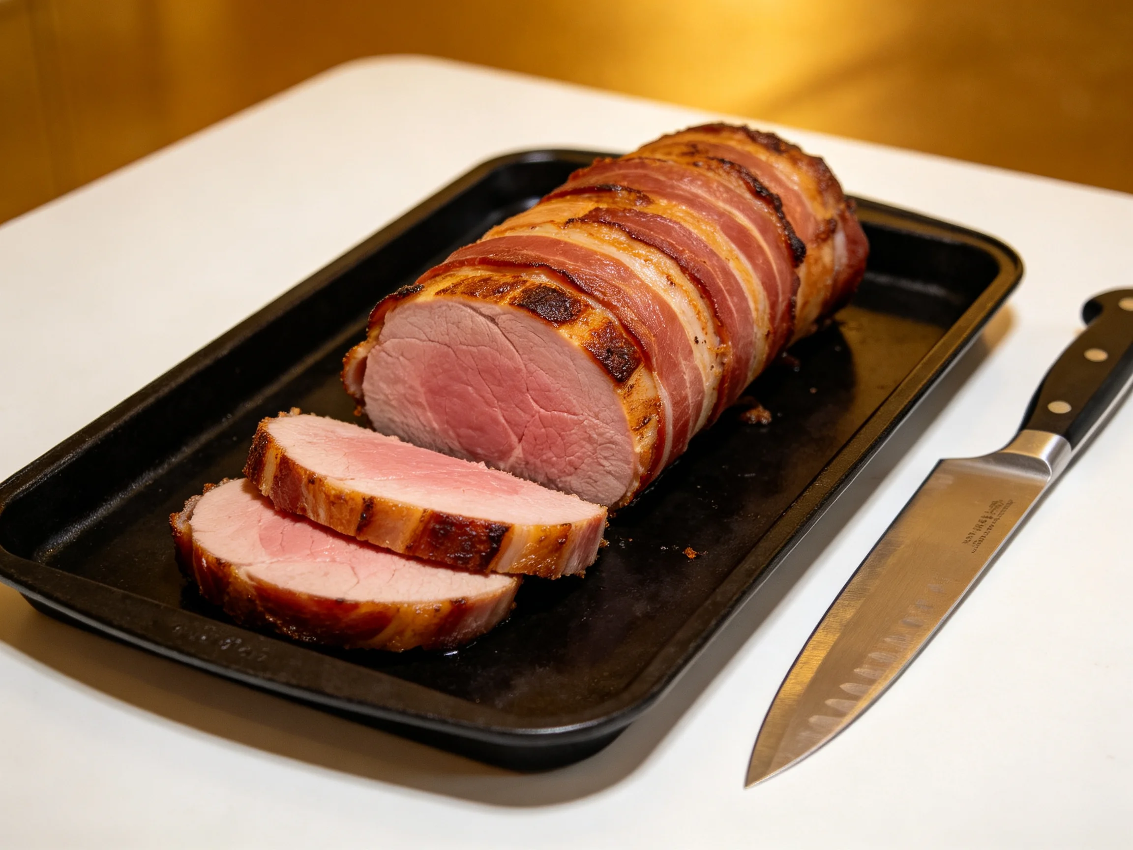 Bacon-Wrapped Roast Pork Sliced on a Black Tray with Chefs Knife