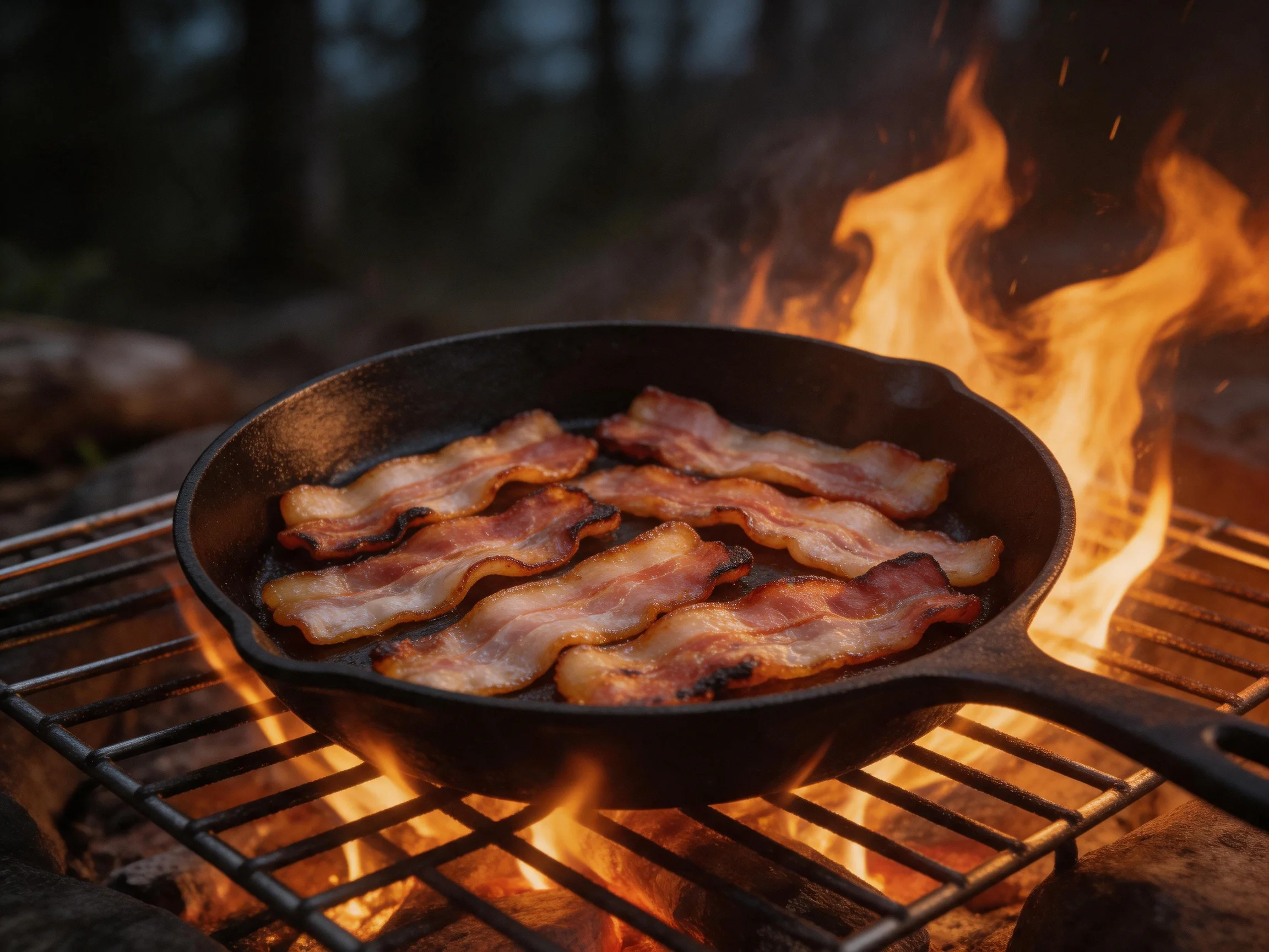 Bacon cooking in a cast iron skillet over a blazing campfire