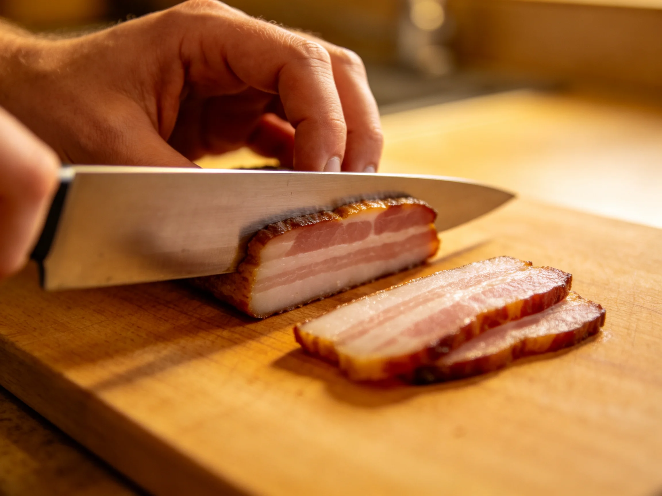 Bacon slices being cut on a wooden cutting board with a sharp knife